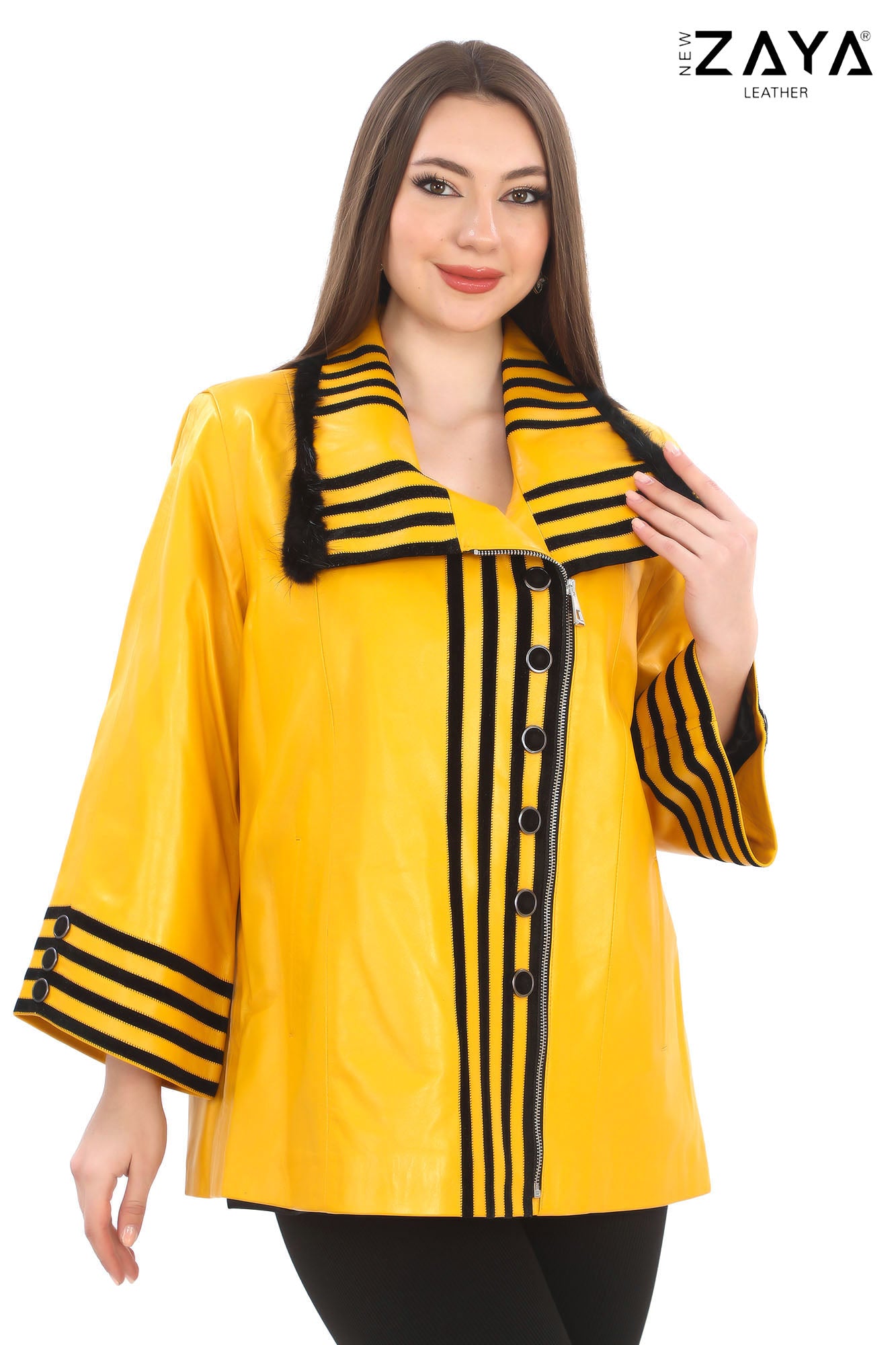 SOLARA YELLOW – Women’s Genuine Leather Designer Jacket with Contrast Trim