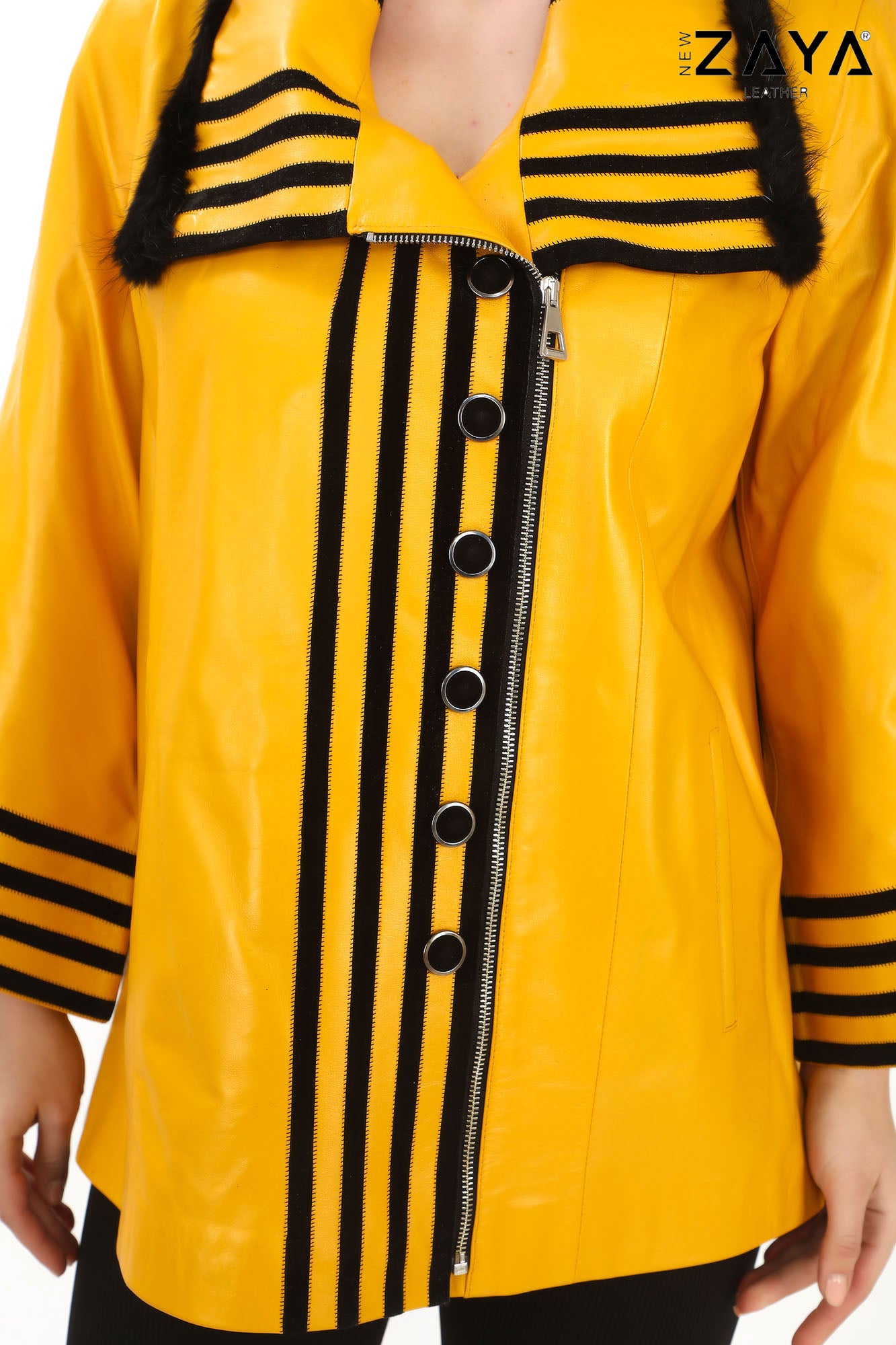 SOLARA YELLOW – Women’s Genuine Leather Designer Jacket with Contrast Trim