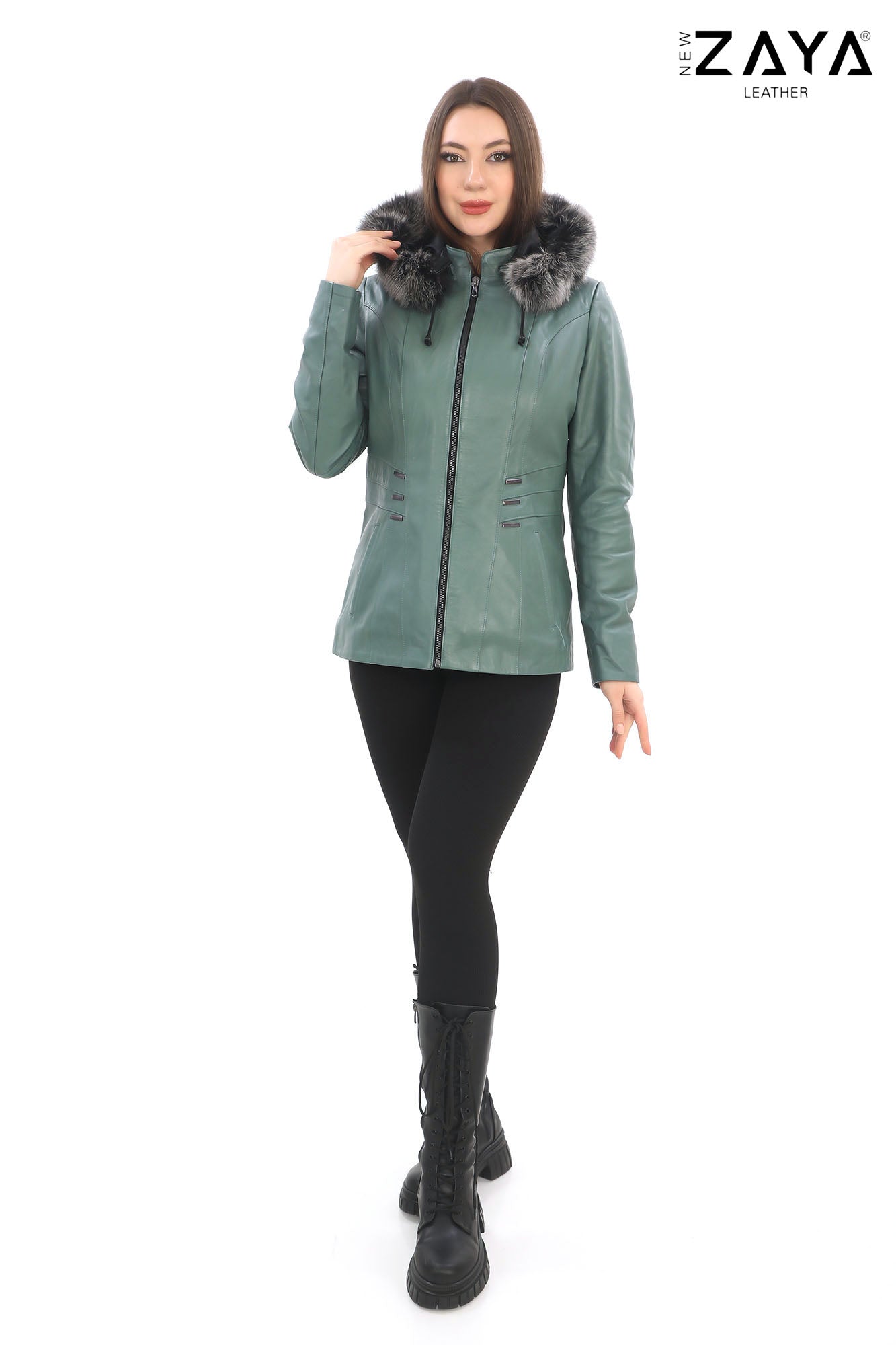 ELIVE MINT GREEN Fur Hooded Leather Jacket