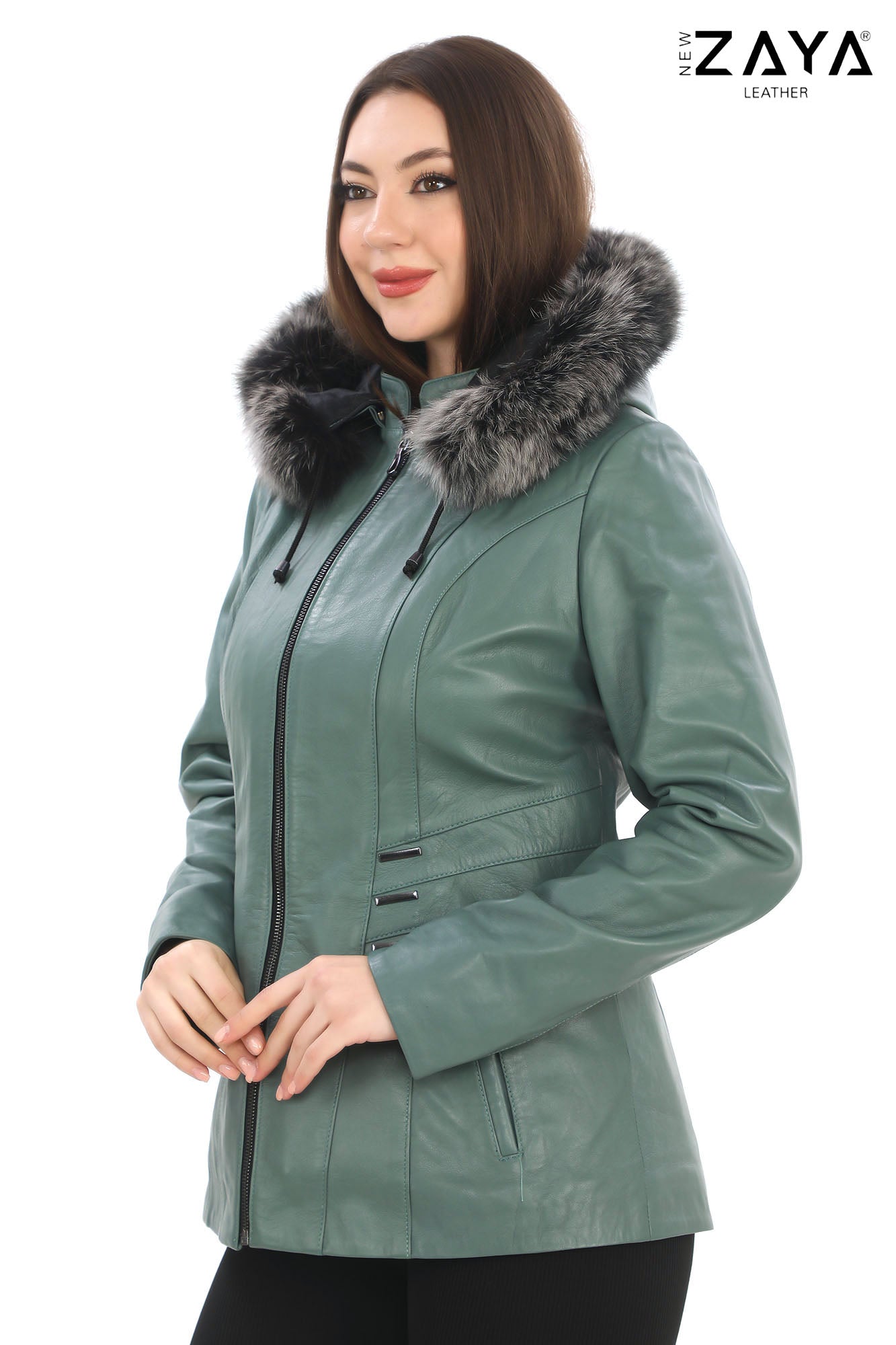 ELIVE MINT GREEN Fur Hooded Leather Jacket