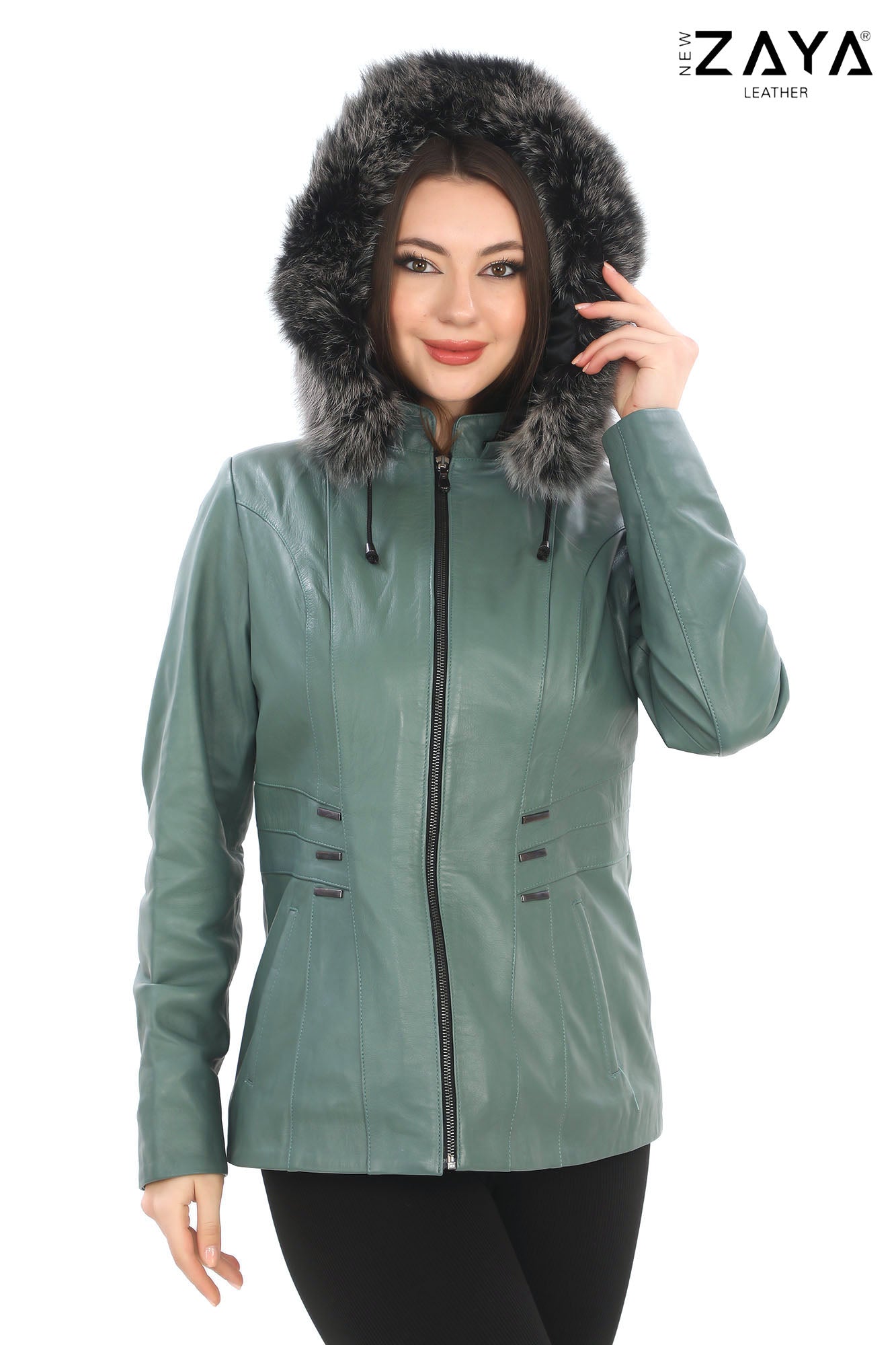 ELIVE MINT GREEN Fur Hooded Leather Jacket