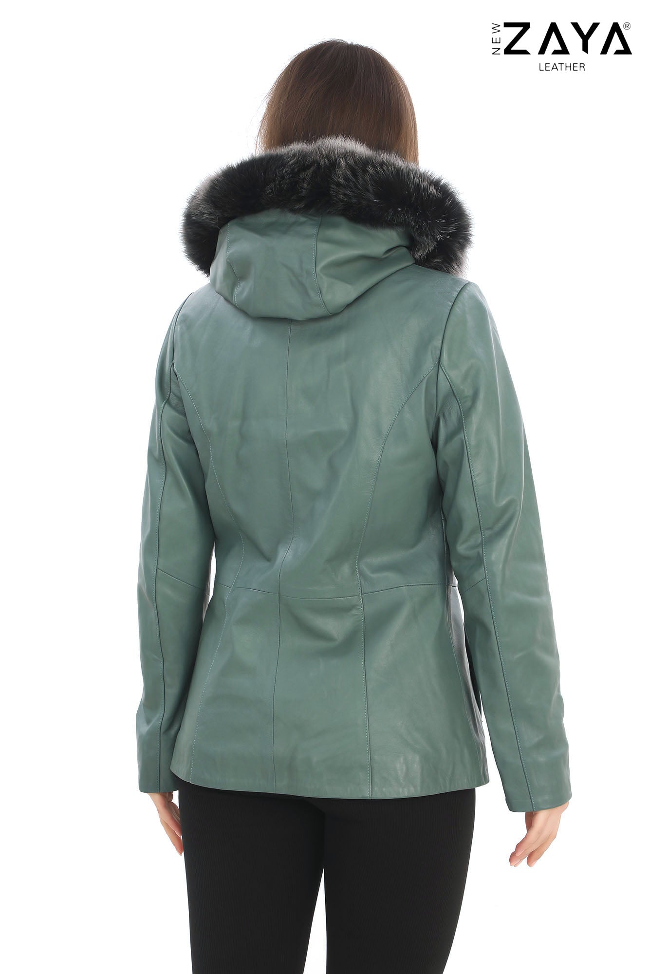 ELIVE MINT GREEN Fur Hooded Leather Jacket