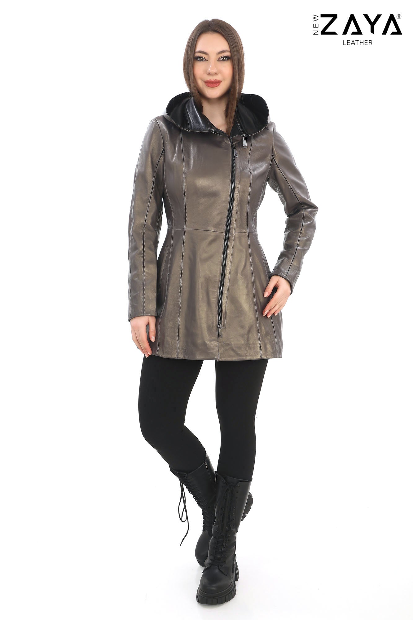 ALVEA TAUPE Detachable Hood Genuine Lambskin Leather Coat with Double-Zip Closure