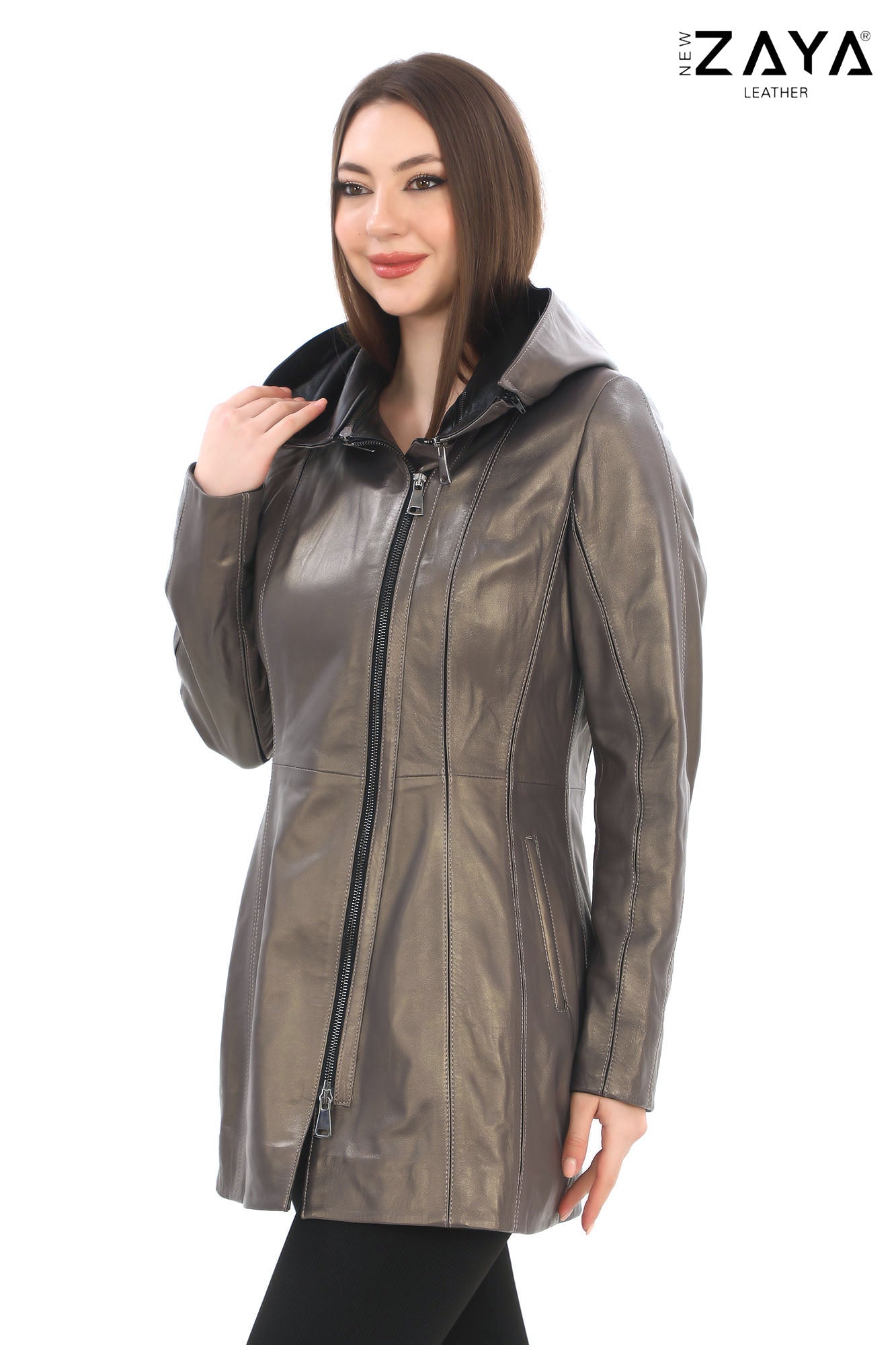 ALVEA TAUPE Detachable Hood Genuine Lambskin Leather Coat with Double-Zip Closure