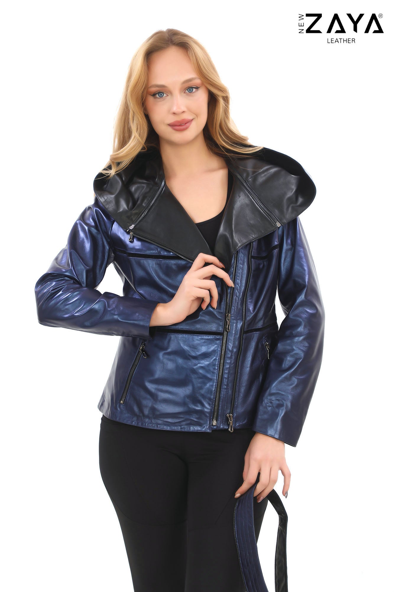 JAEEN Metallic Blue Genuine Lambskin Leather Jacket with Detachable Hood