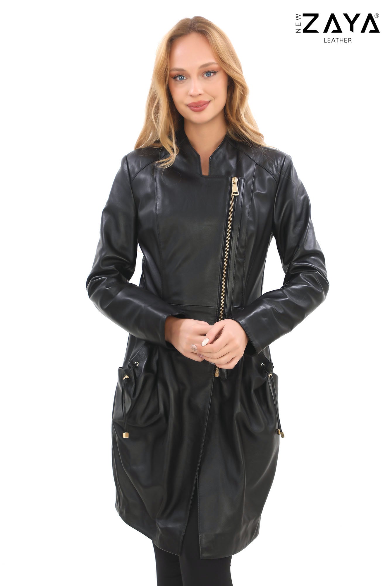 SCARLET Asymmetric ZIP Black Genuine Lambskin Leather Trench Black