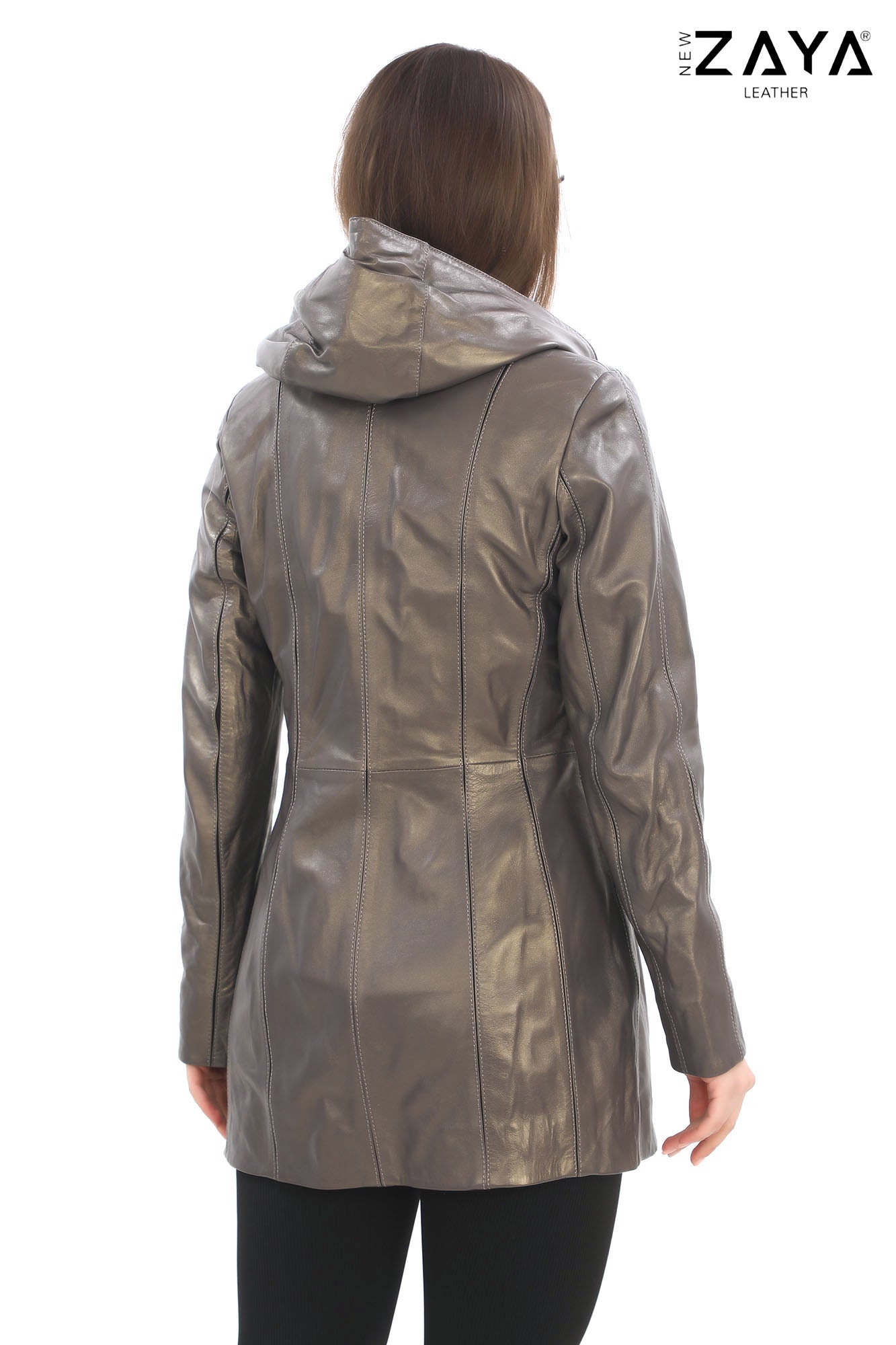 ALVEA TAUPE Detachable Hood Genuine Lambskin Leather Coat with Double-Zip Closure