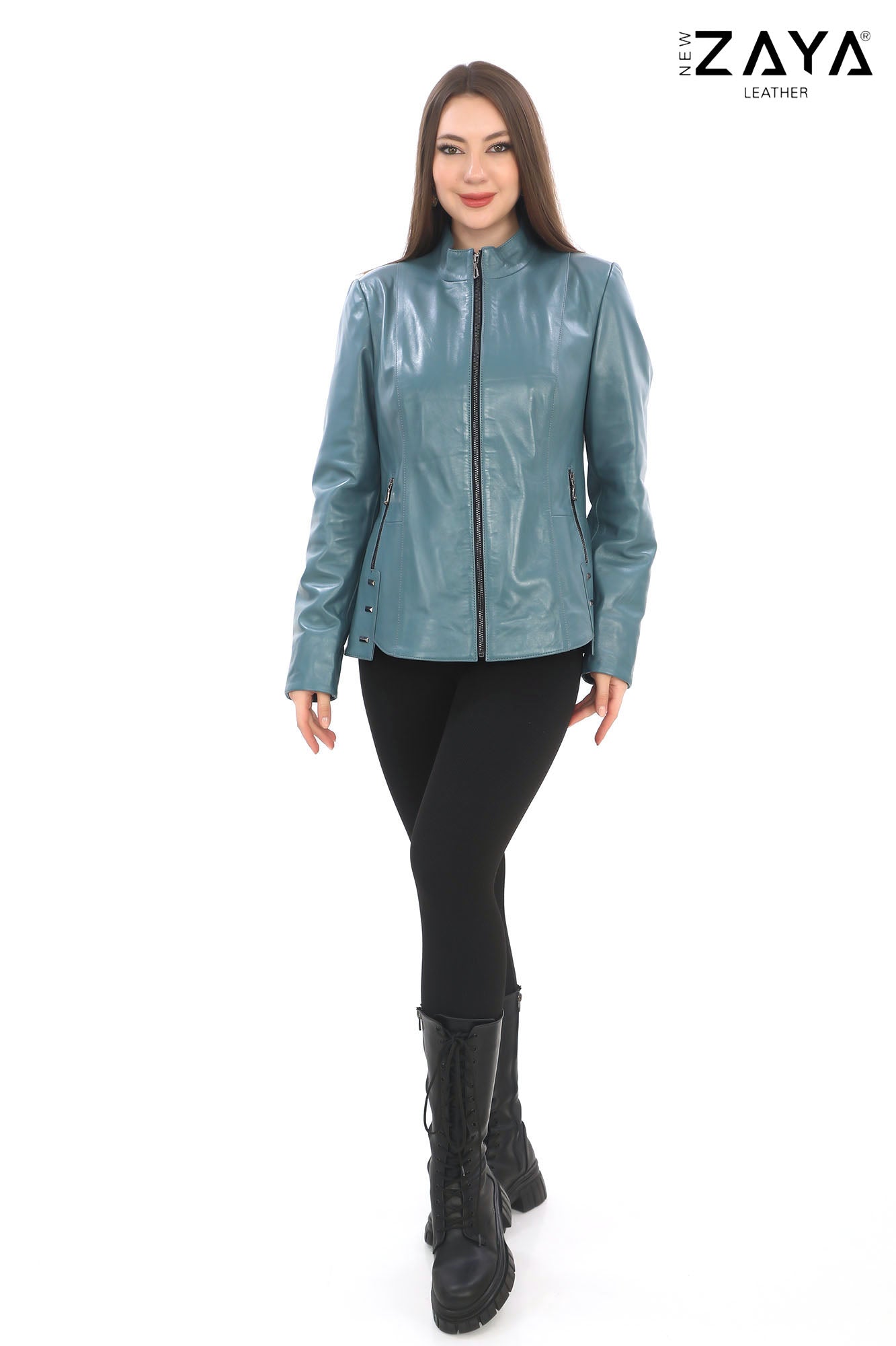 Hazel -Teal Stand Collar Genuine Leather Jacket
