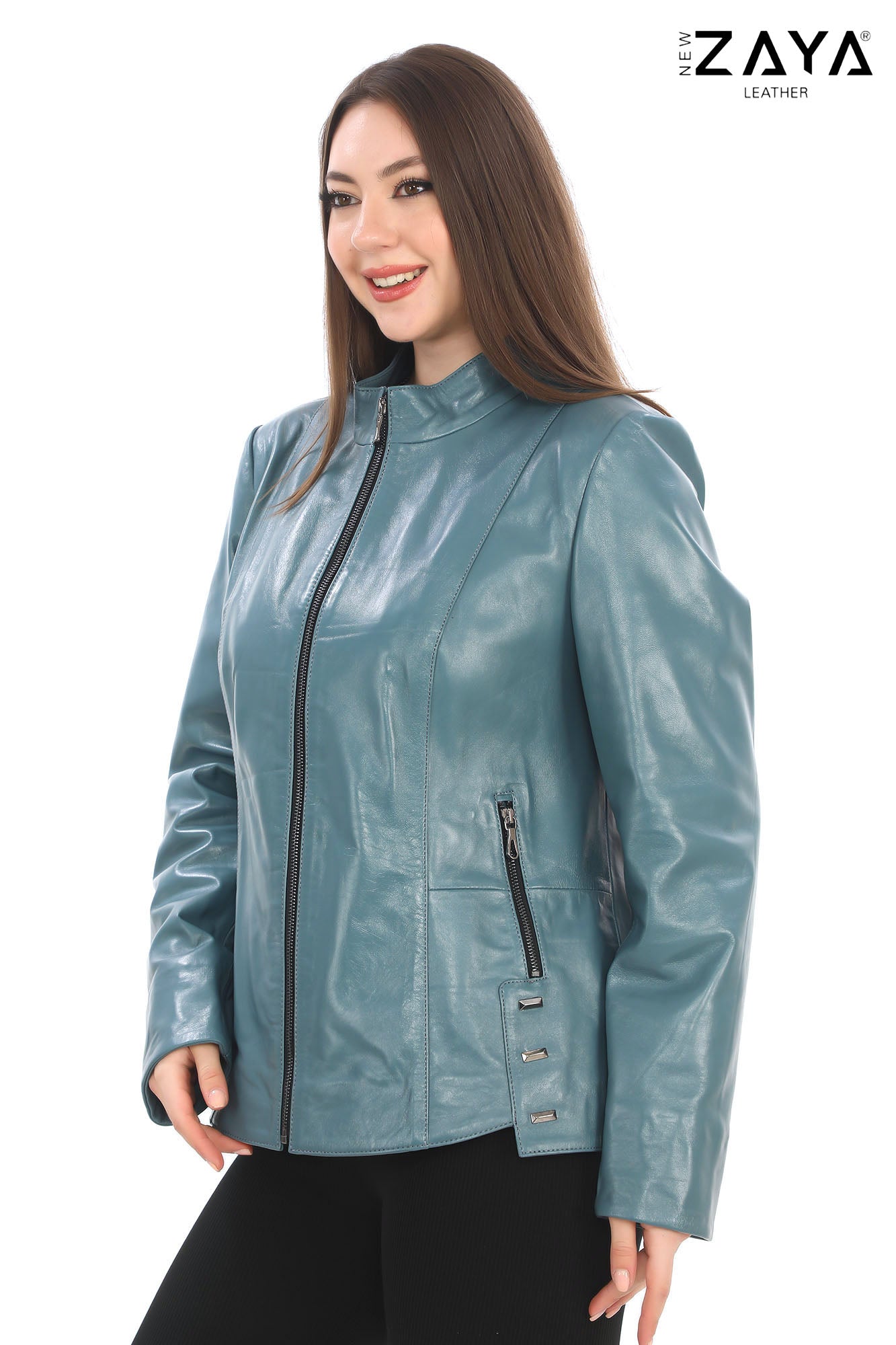 Hazel -Teal Stand Collar Genuine Leather Jacket