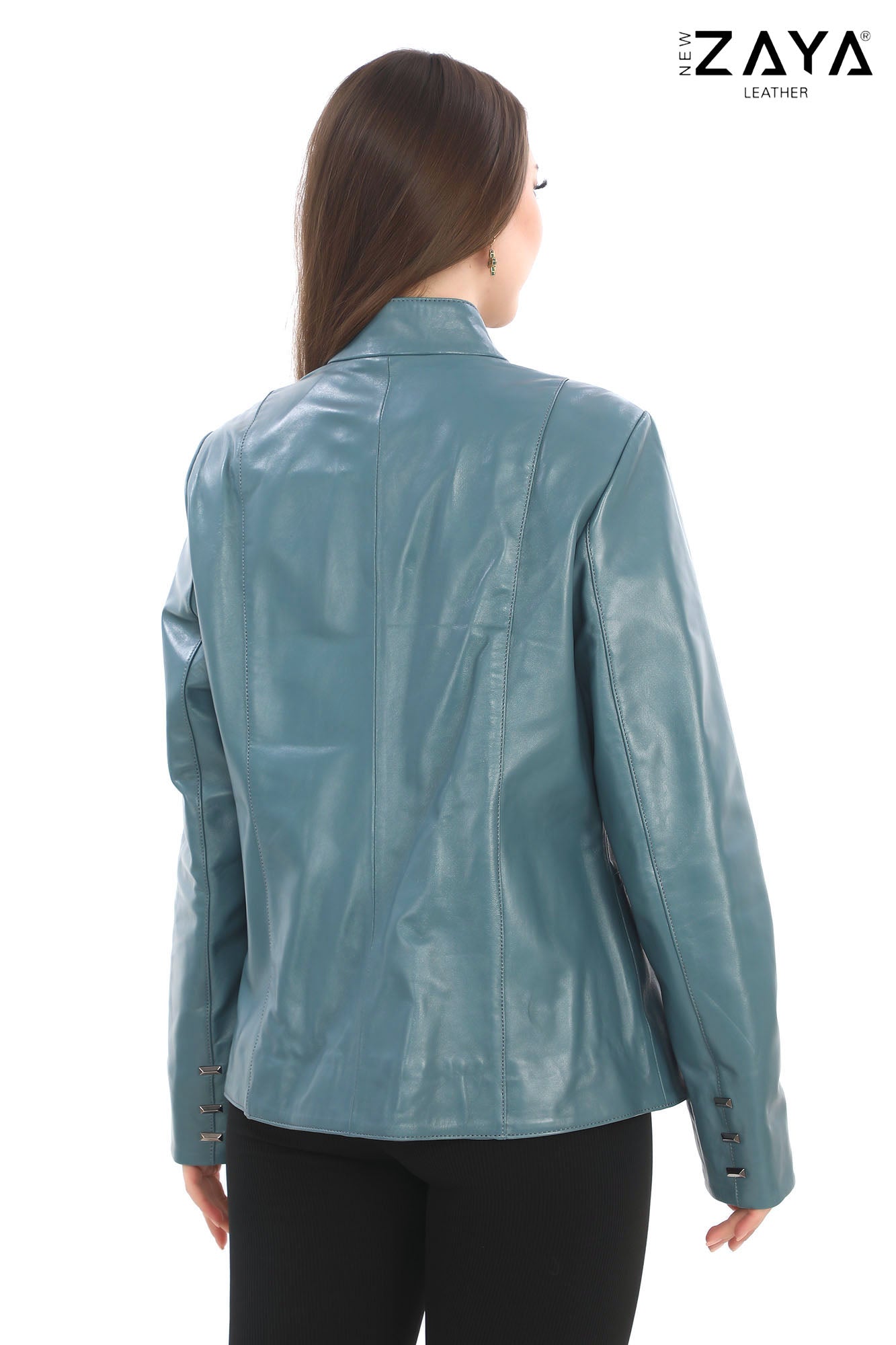 Hazel -Teal Stand Collar Genuine Leather Jacket