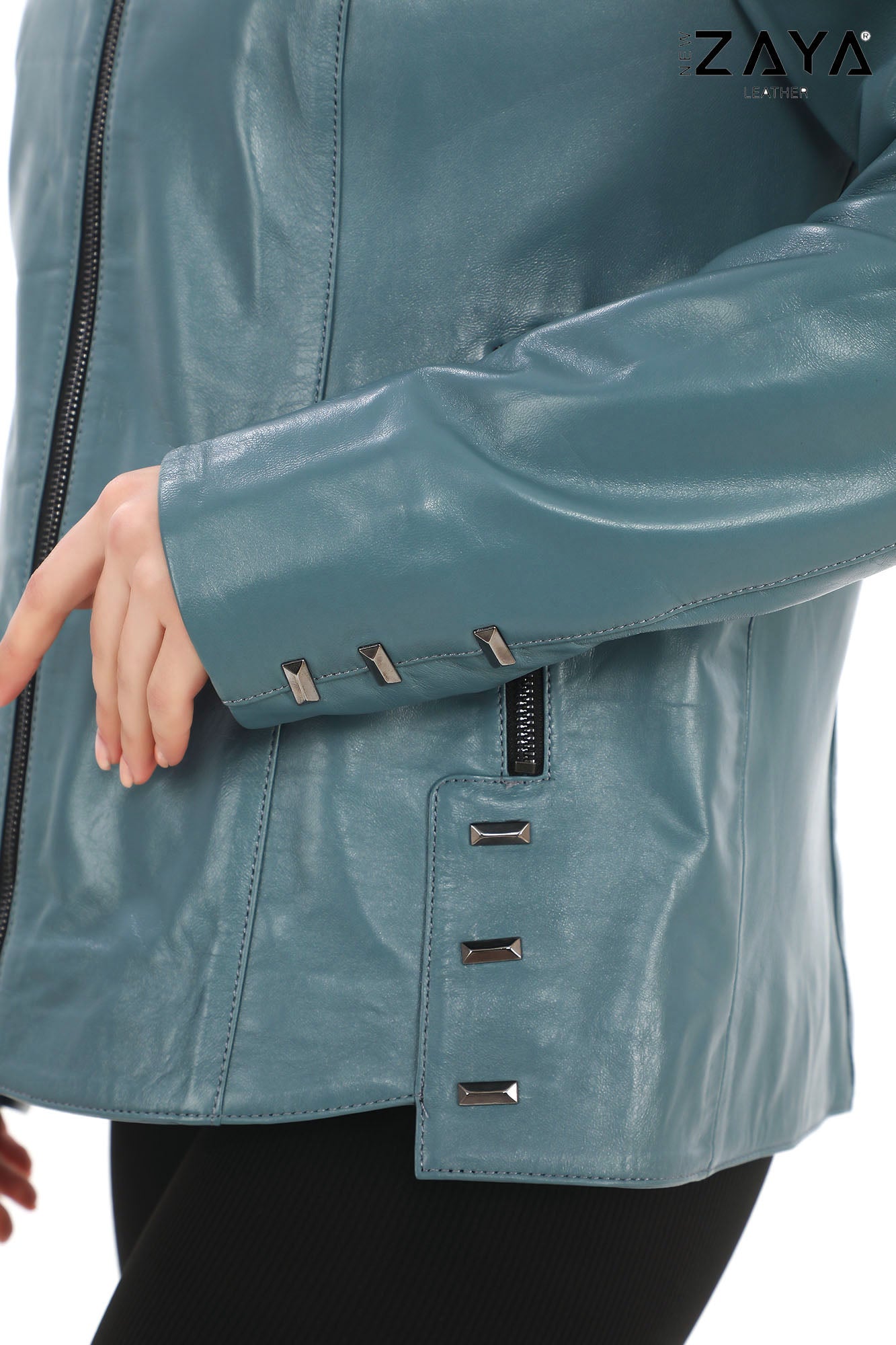 Hazel -Teal Stand Collar Genuine Leather Jacket