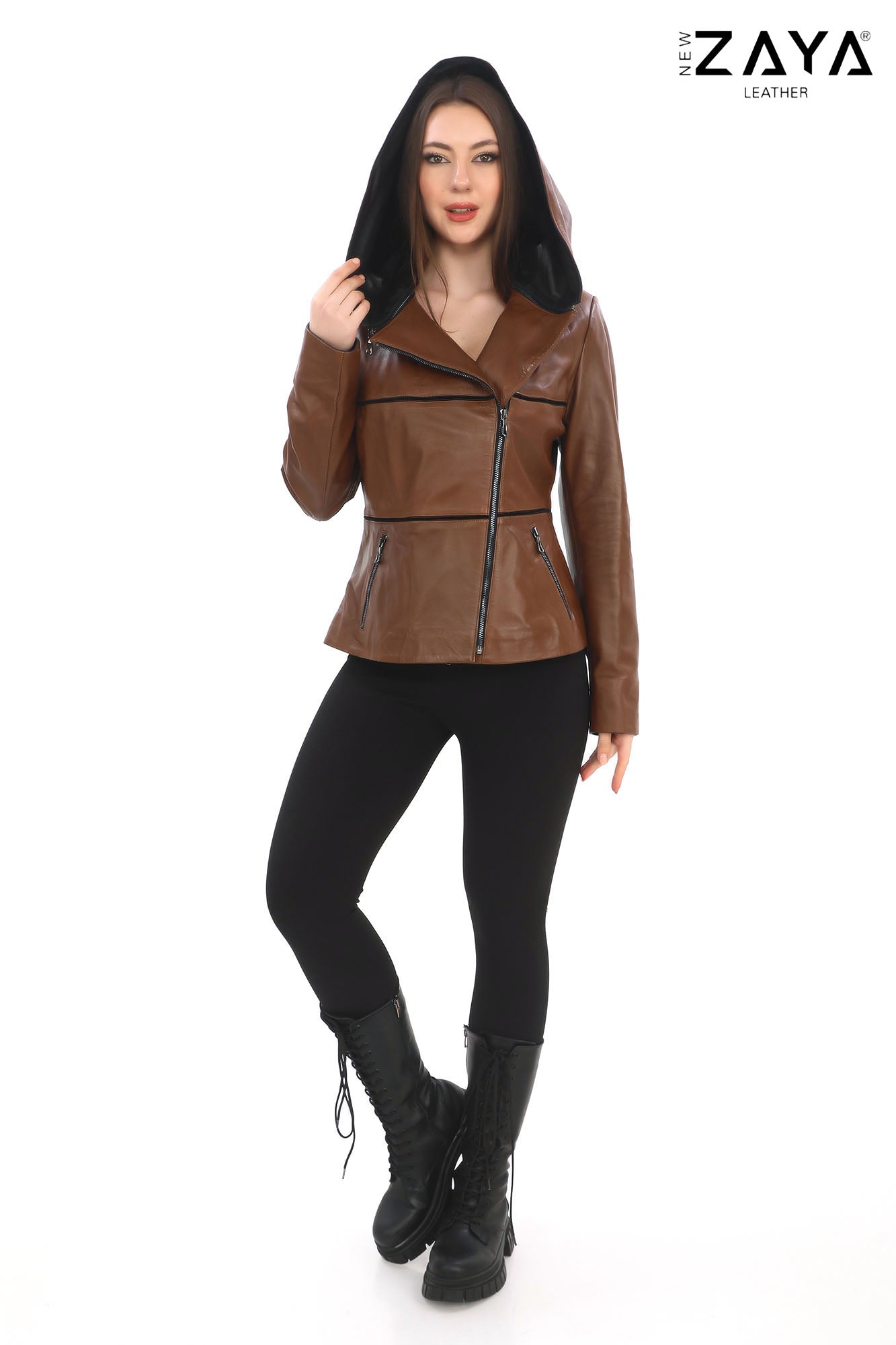 JAEEN Brown Genuine Lambskin Leather Jacket with Detachable Hood