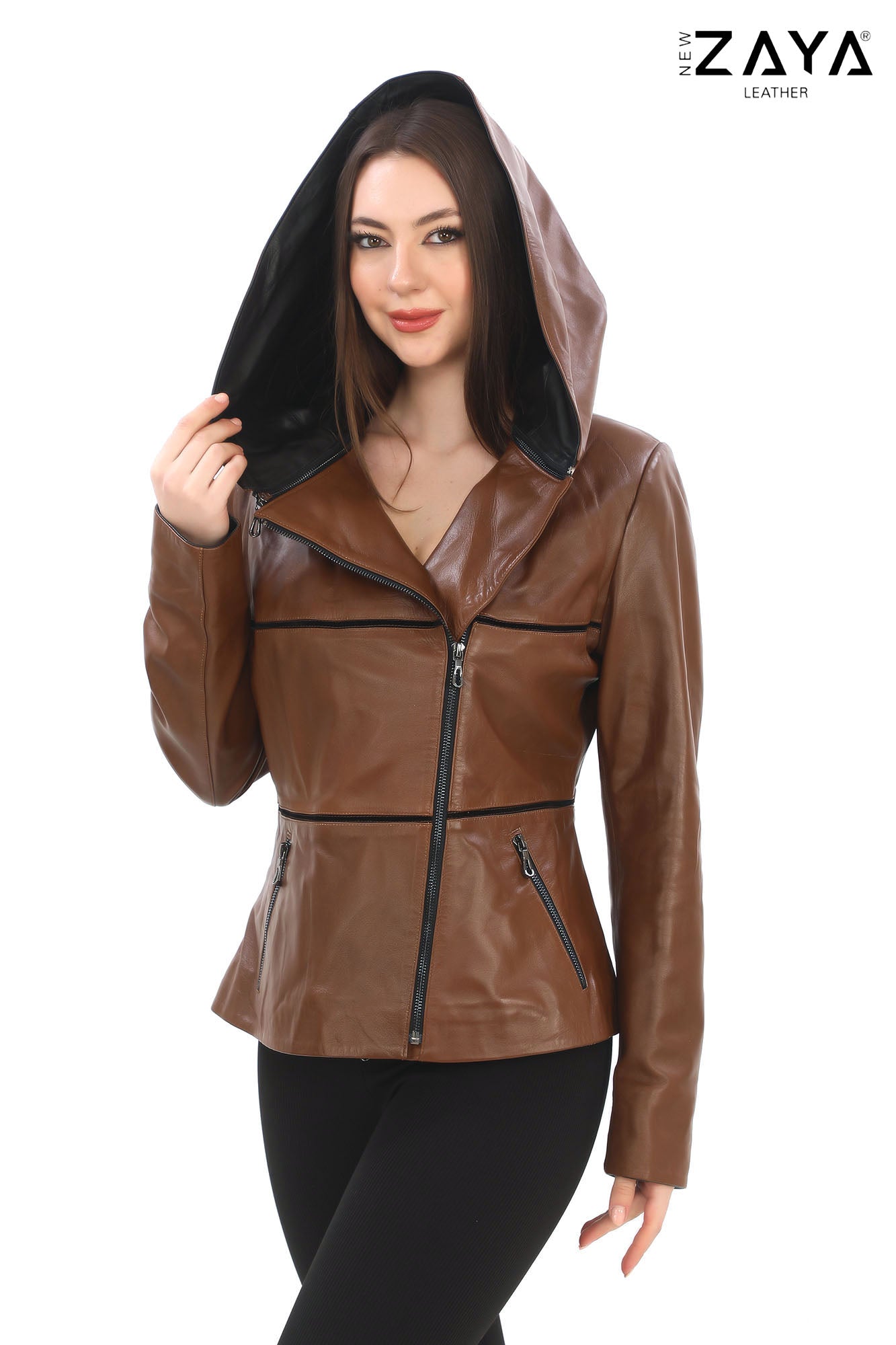 JAEEN Brown Genuine Lambskin Leather Jacket with Detachable Hood