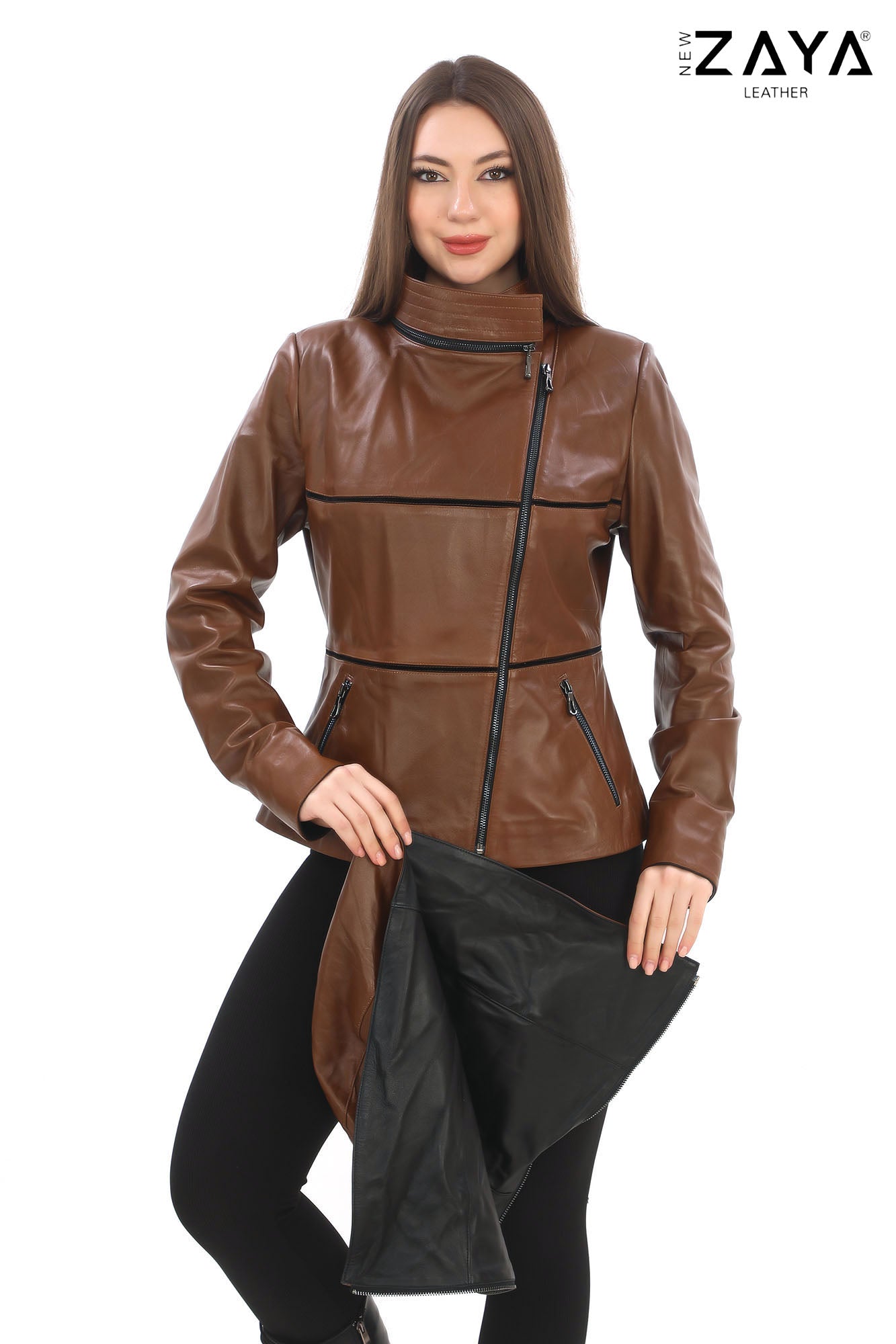 JAEEN Brown Genuine Lambskin Leather Jacket with Detachable Hood