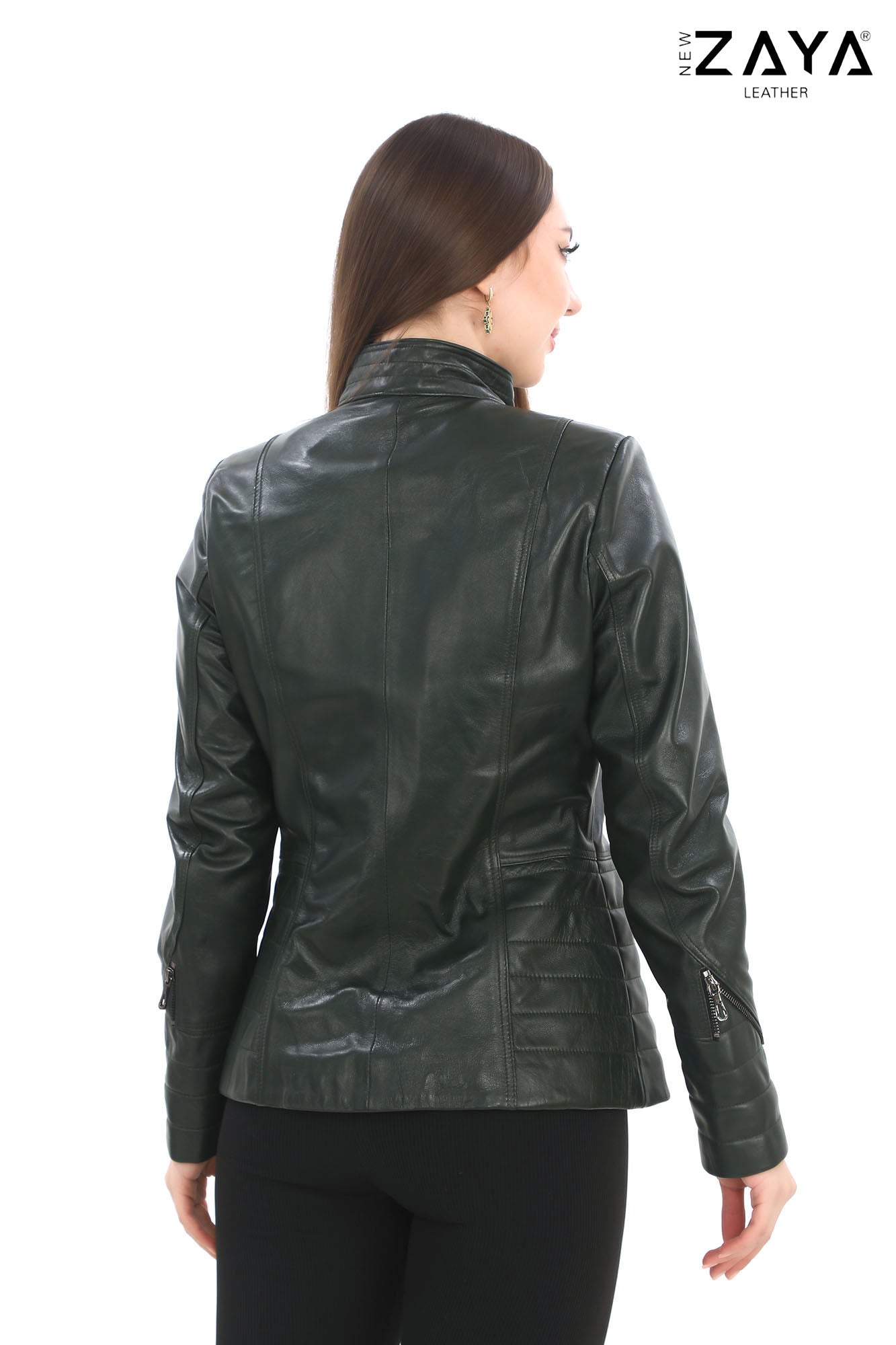 Verona Genuine Leather Khaki Asymmetric Biker Jacket with Quilted Panel Details