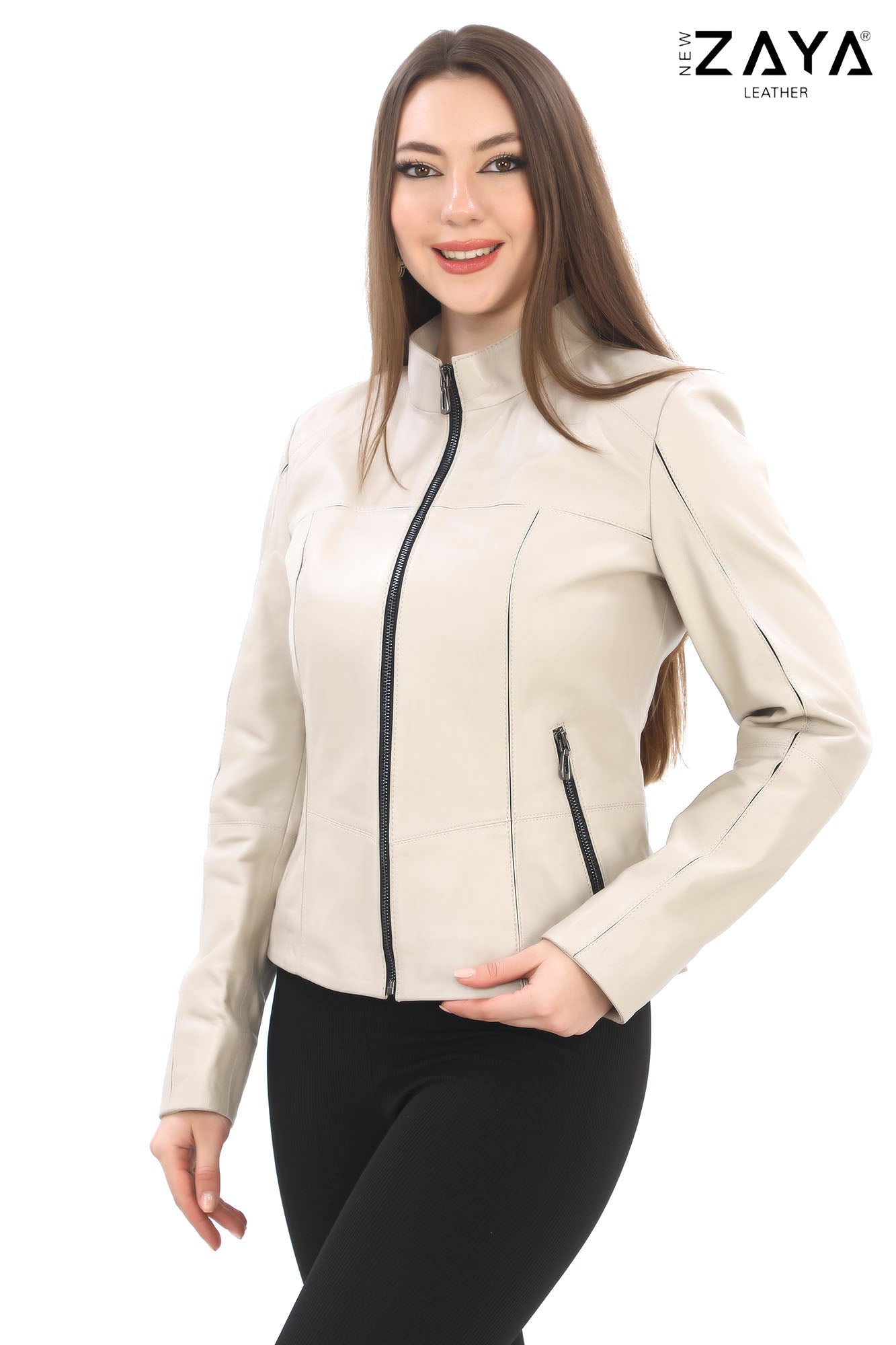 ELara Women’s Beige Genuine Leather Jacket