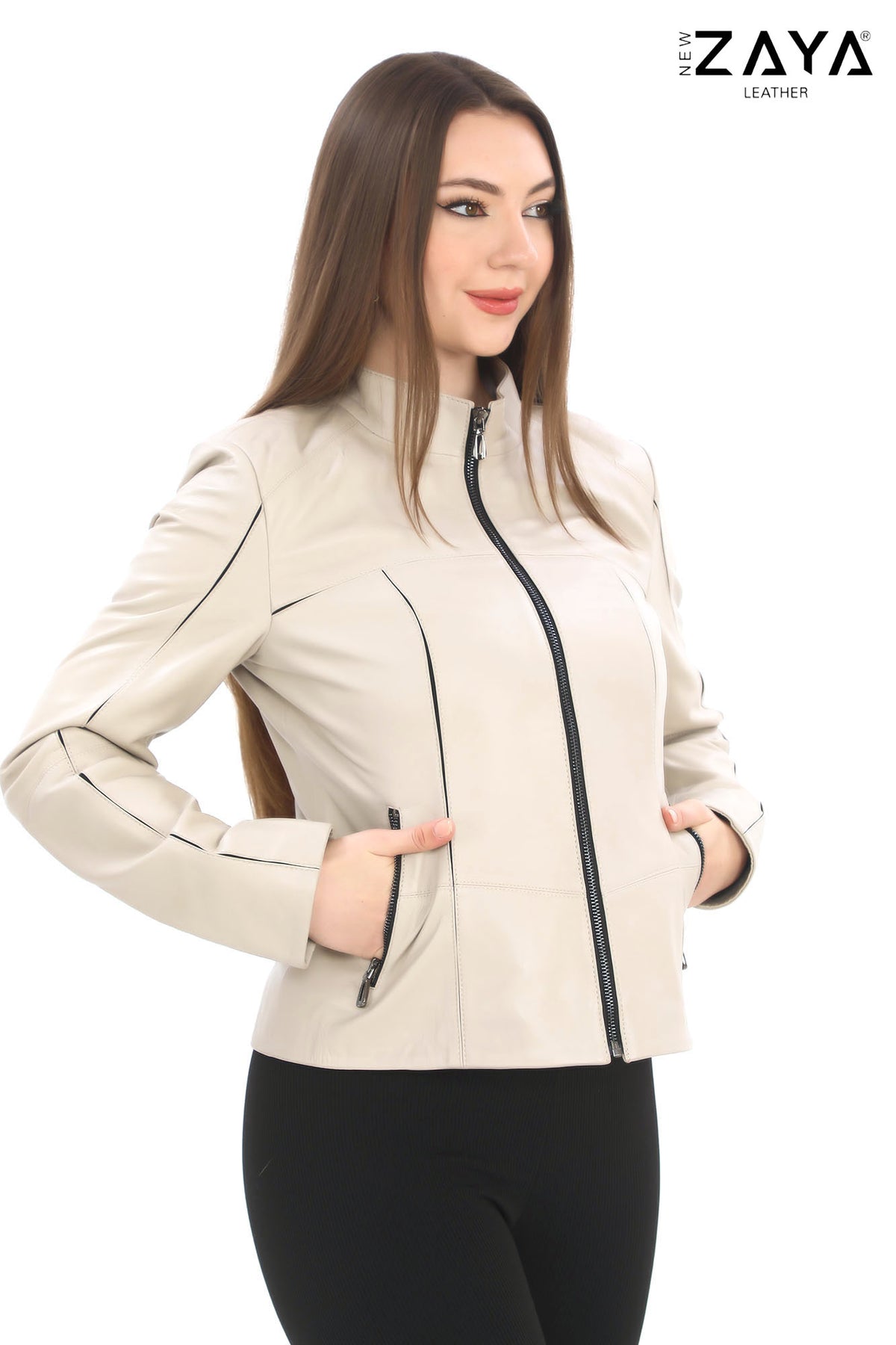 ELara Women’s Beige Genuine Leather Jacket