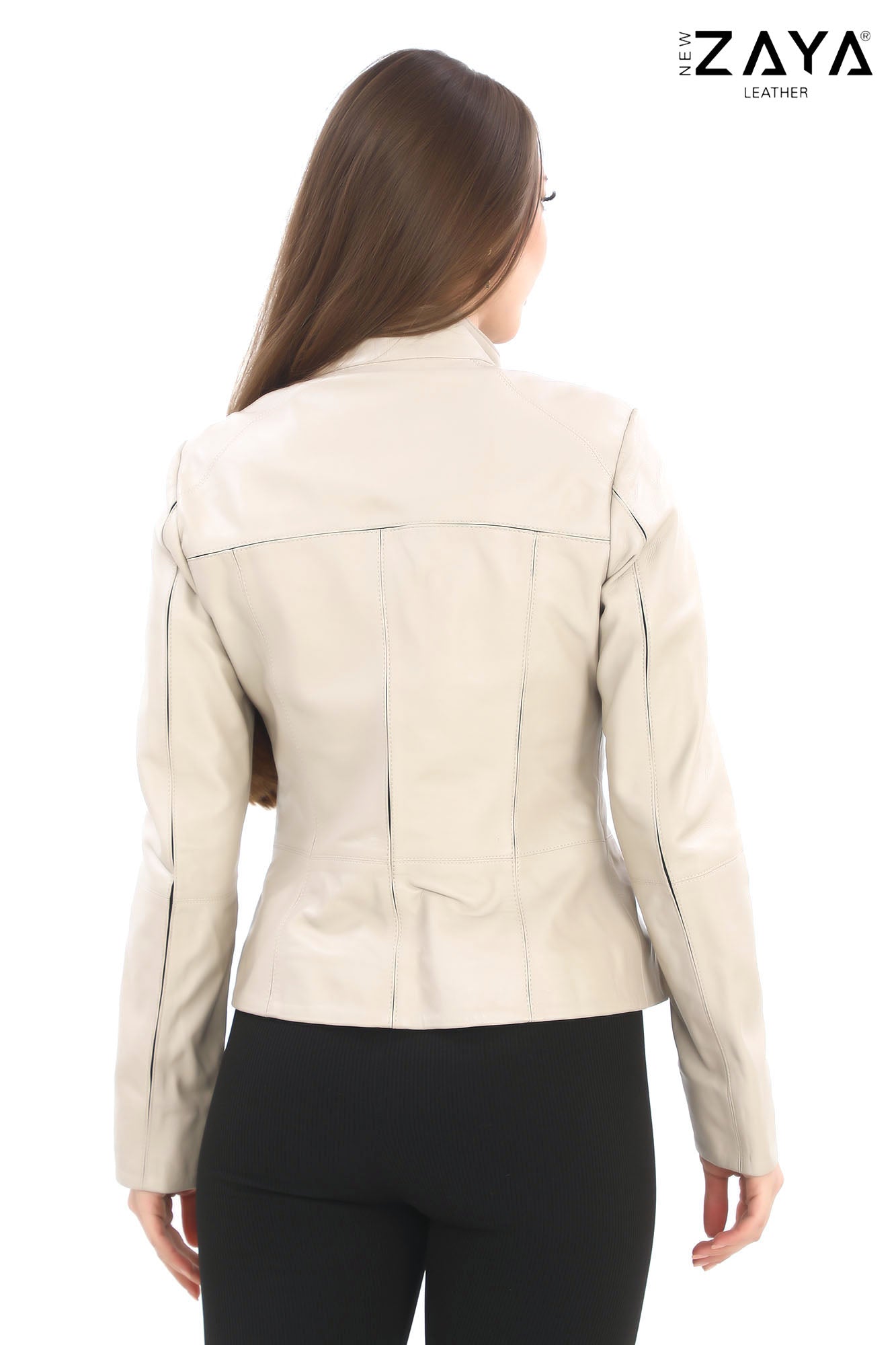 ELara Women’s Beige Genuine Leather Jacket
