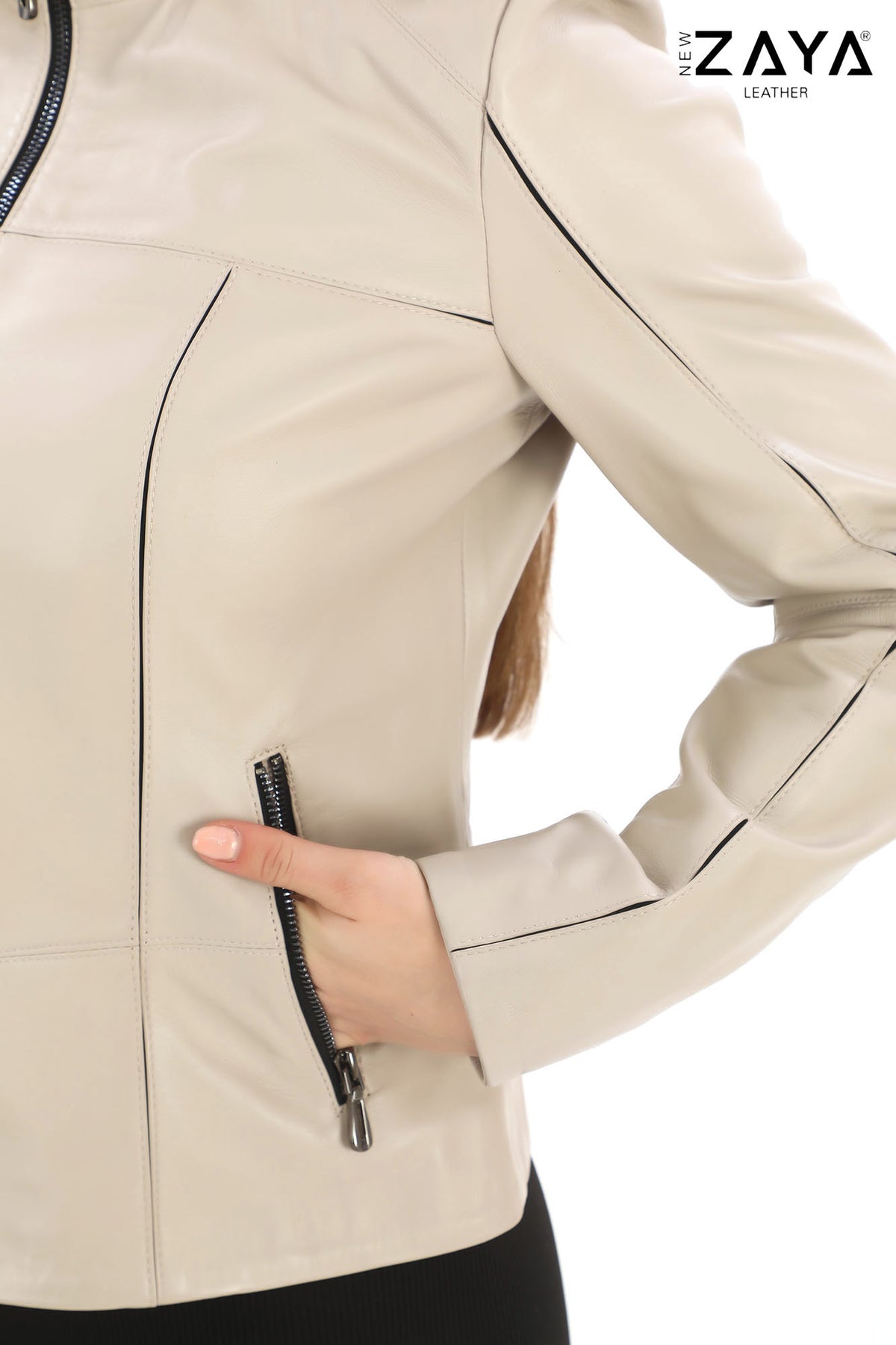 ELara Women’s Beige Genuine Leather Jacket