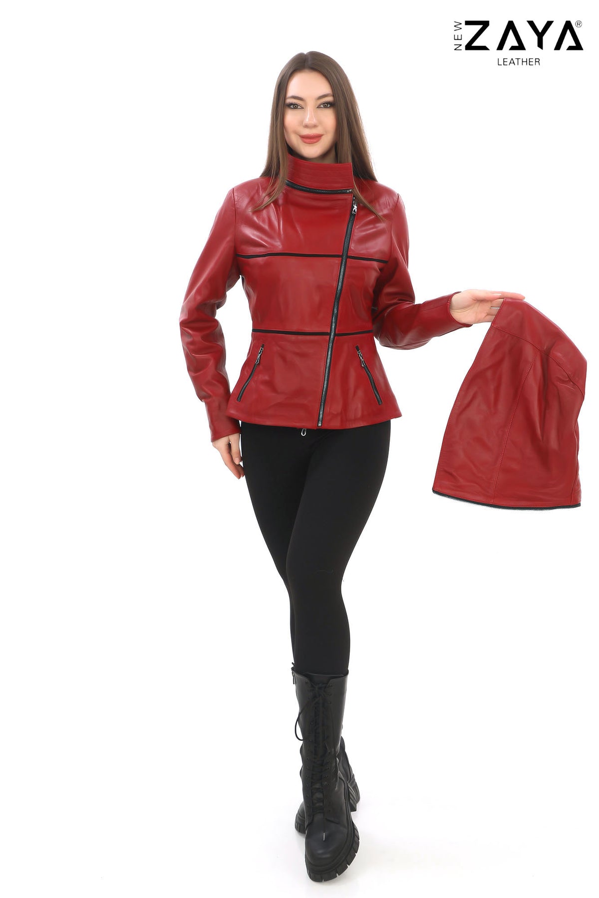 JAEEN Red Genuine Lambskin Leather Jacket with Detachable Hood