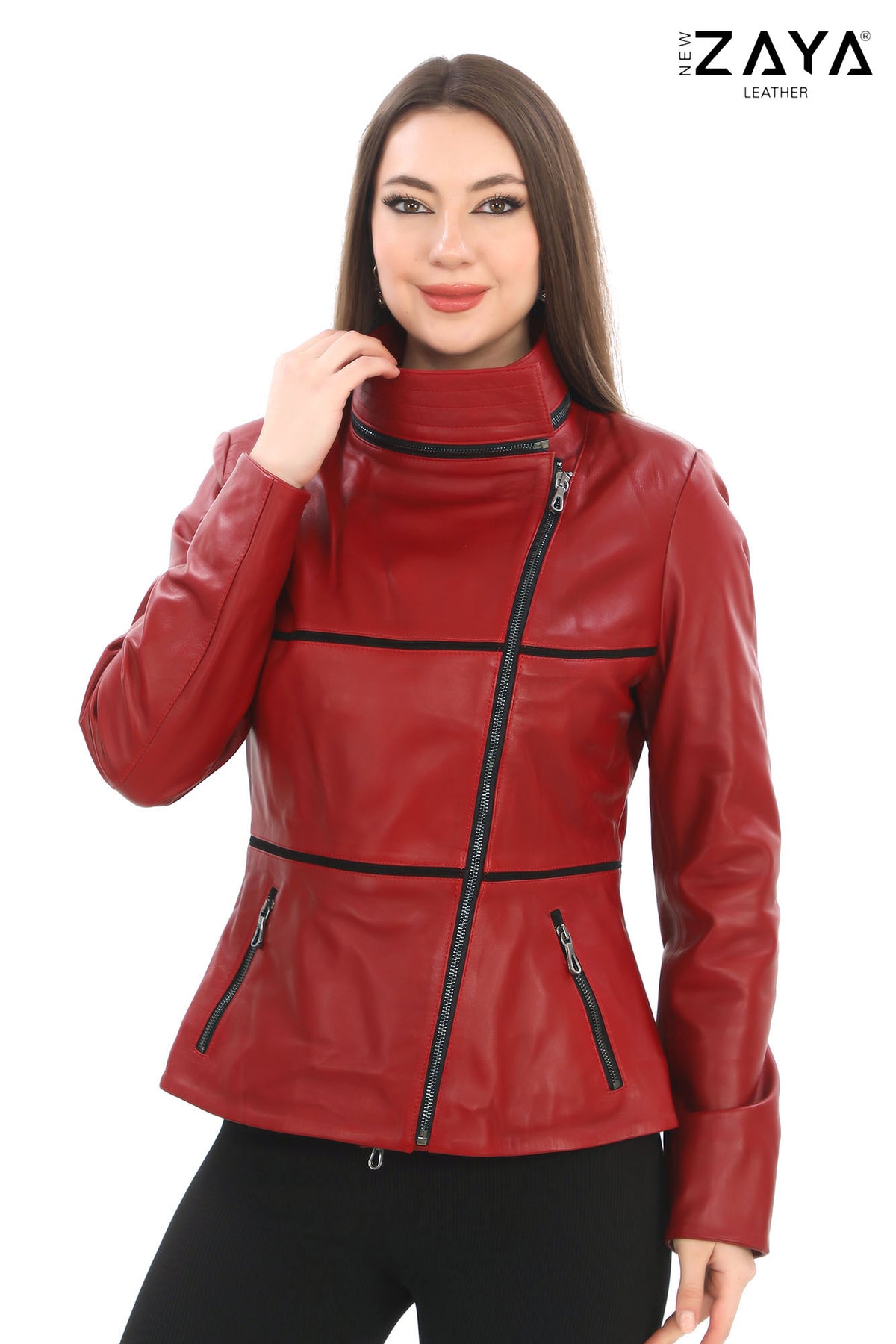 JAEEN Red Genuine Lambskin Leather Jacket with Detachable Hood