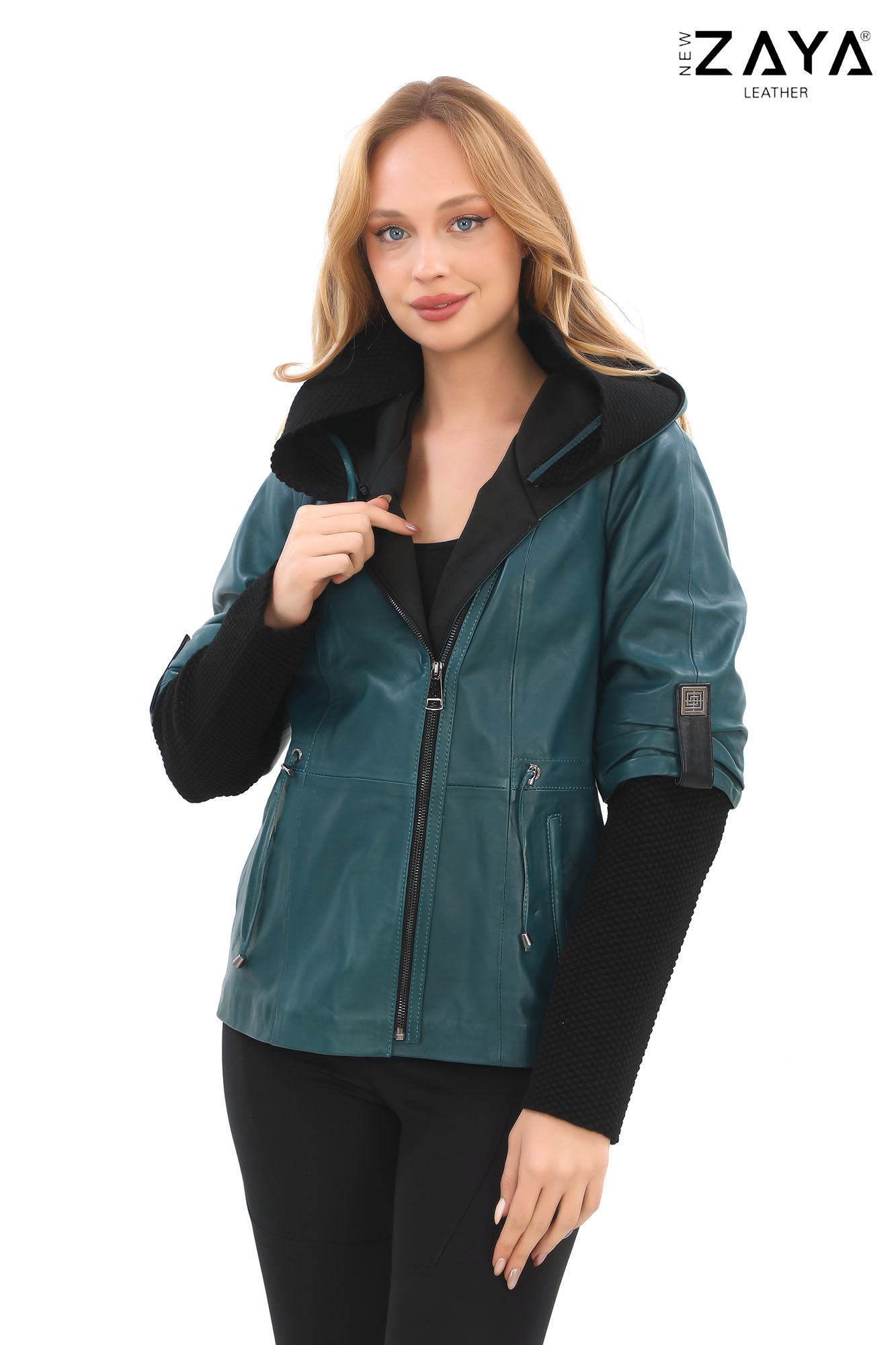 Chloe Genuine Leather Petrol Blue Hooded Jacket with Knitwear Trim