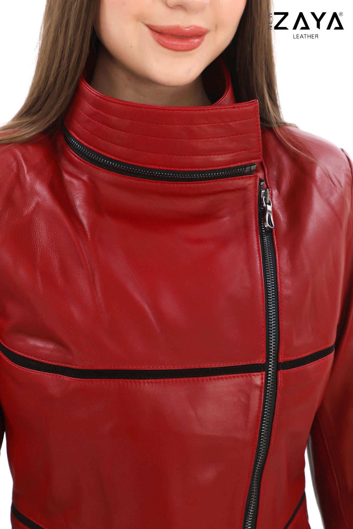 JAEEN Red Genuine Lambskin Leather Jacket with Detachable Hood