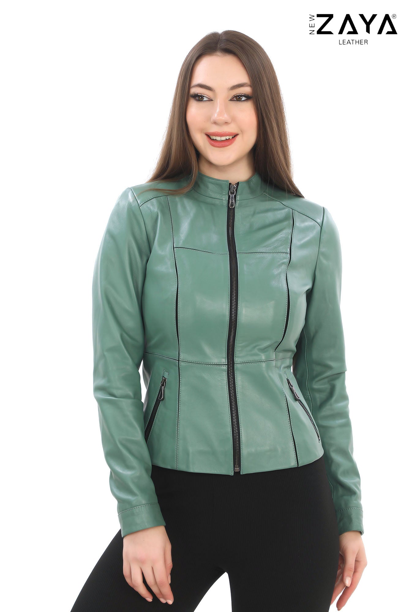LEMA Genuine Lambskin Brown Leather Jacket Mint Green