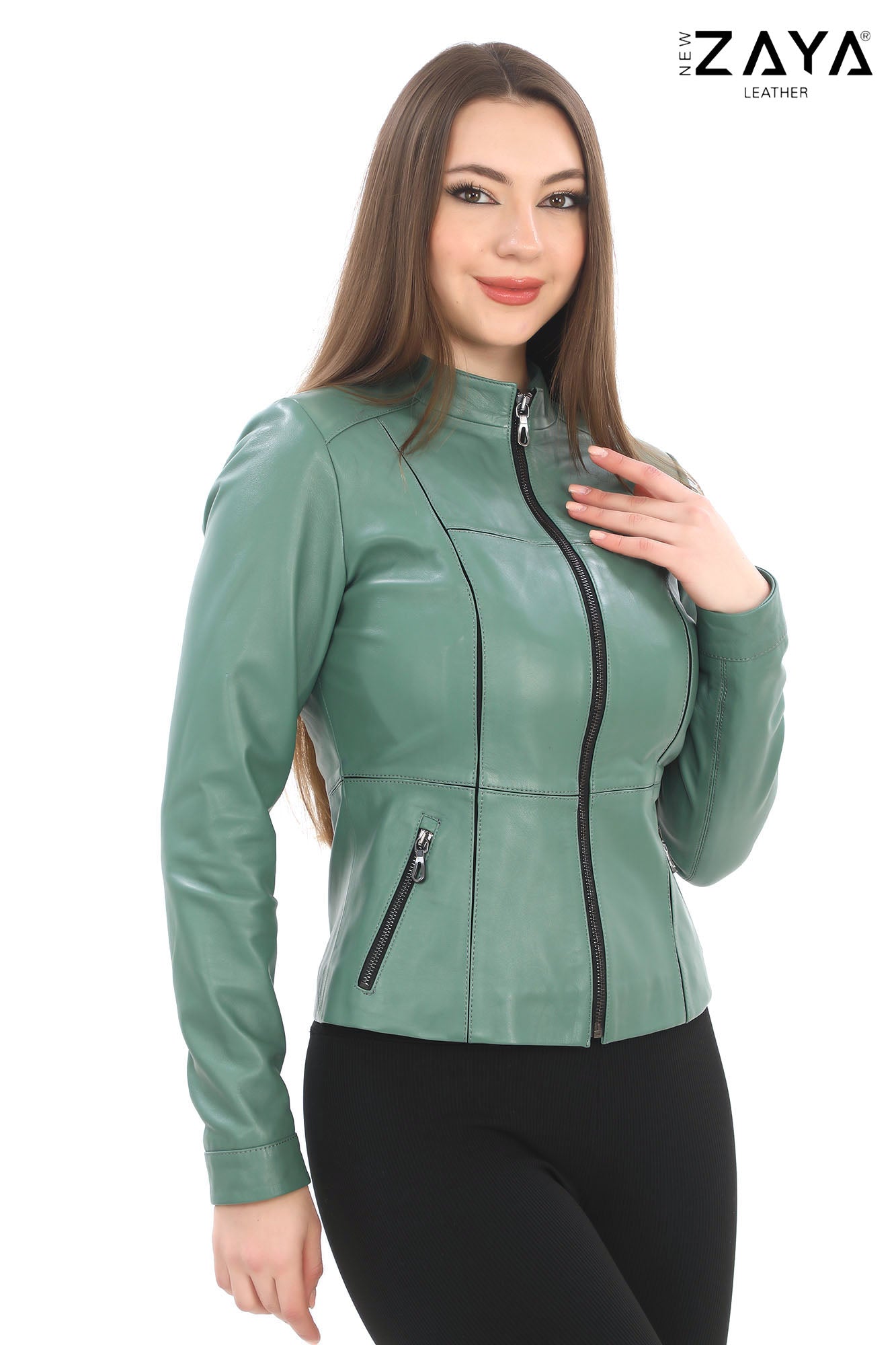 LEMA Genuine Lambskin Brown Leather Jacket Mint Green