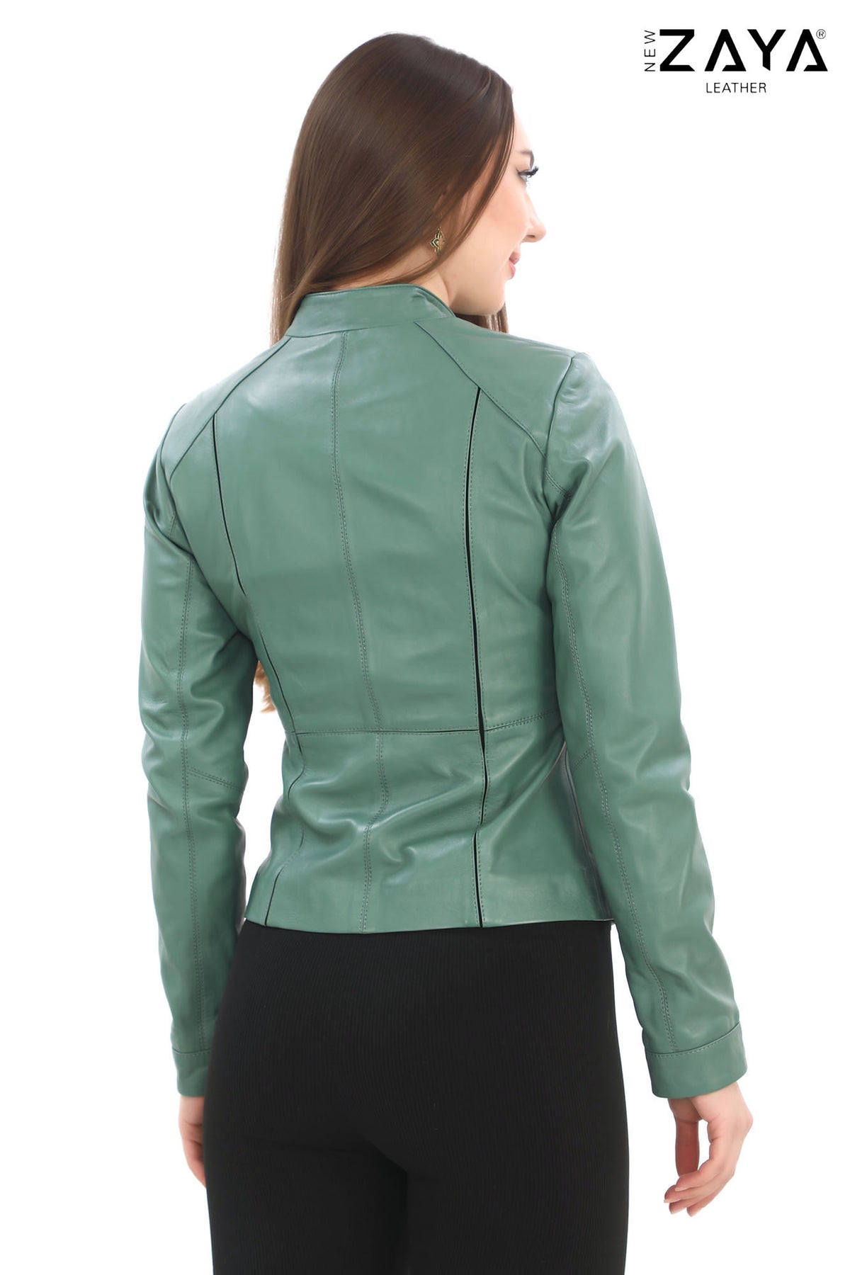 LEMA Genuine Lambskin Brown Leather Jacket Mint Green