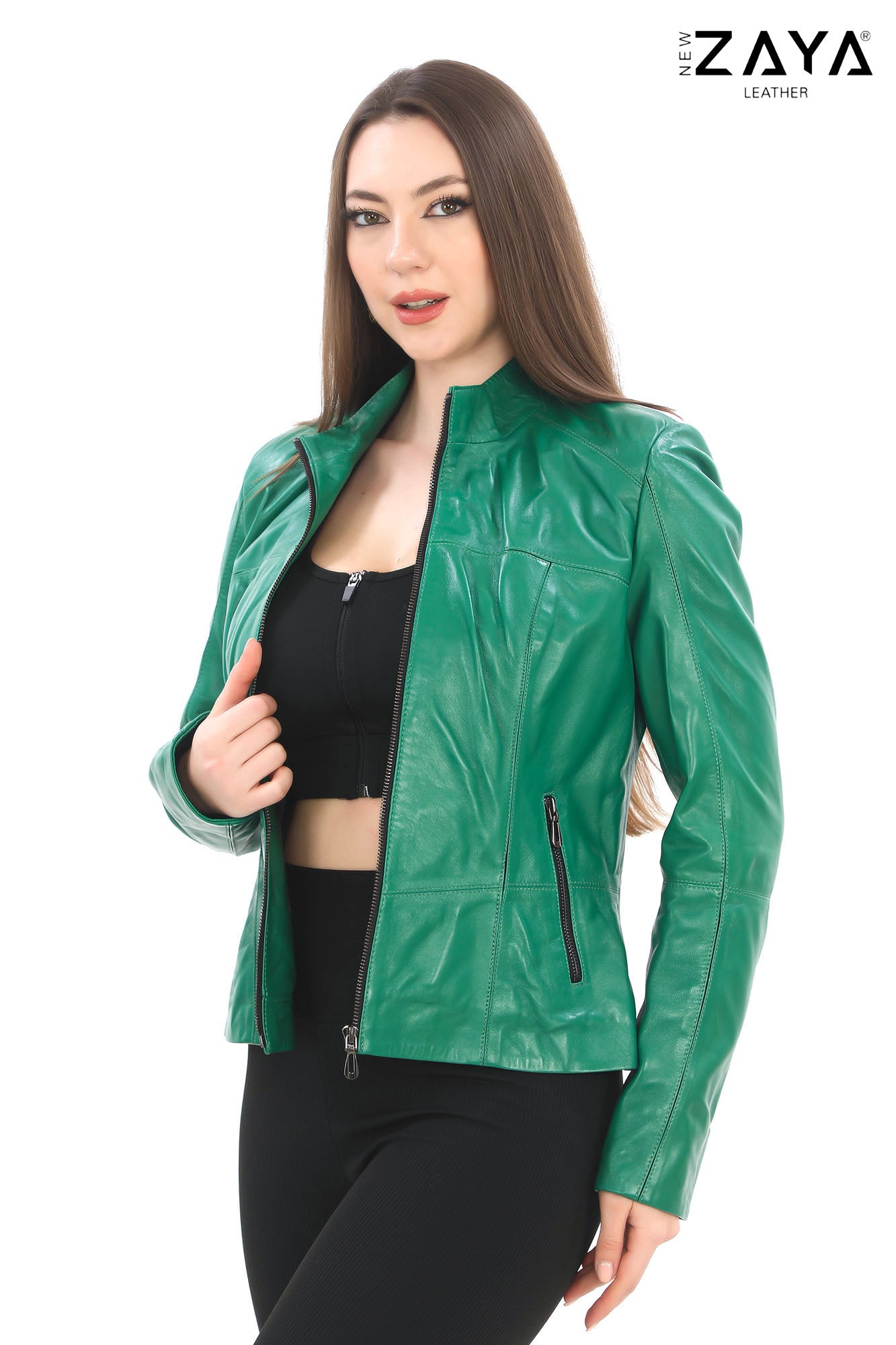 ELara Women’s Green Genuine Leather Jacket