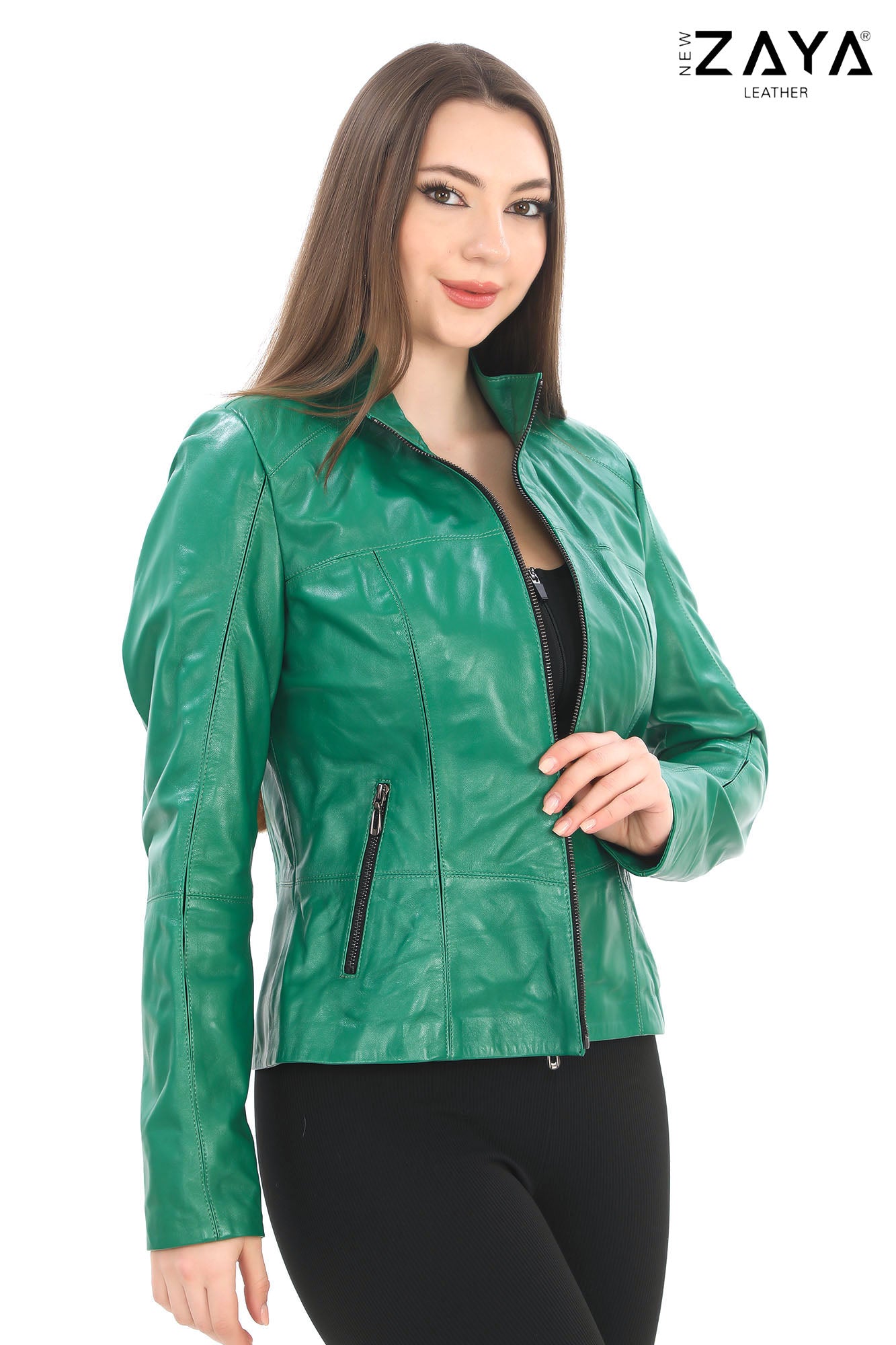 ELara Women’s Green Genuine Leather Jacket