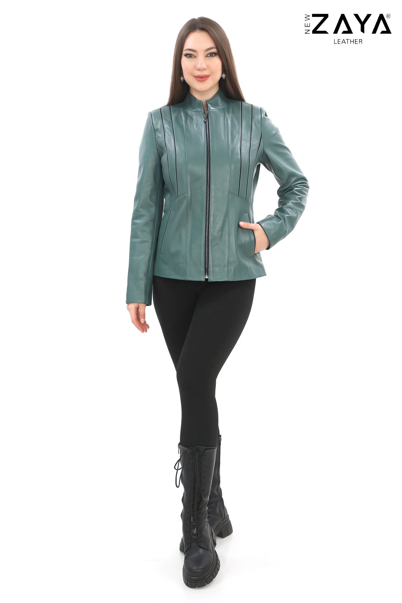 SADERNES Turquoise Women’s Genuine Lamb Leather Jacket with Stand Collar