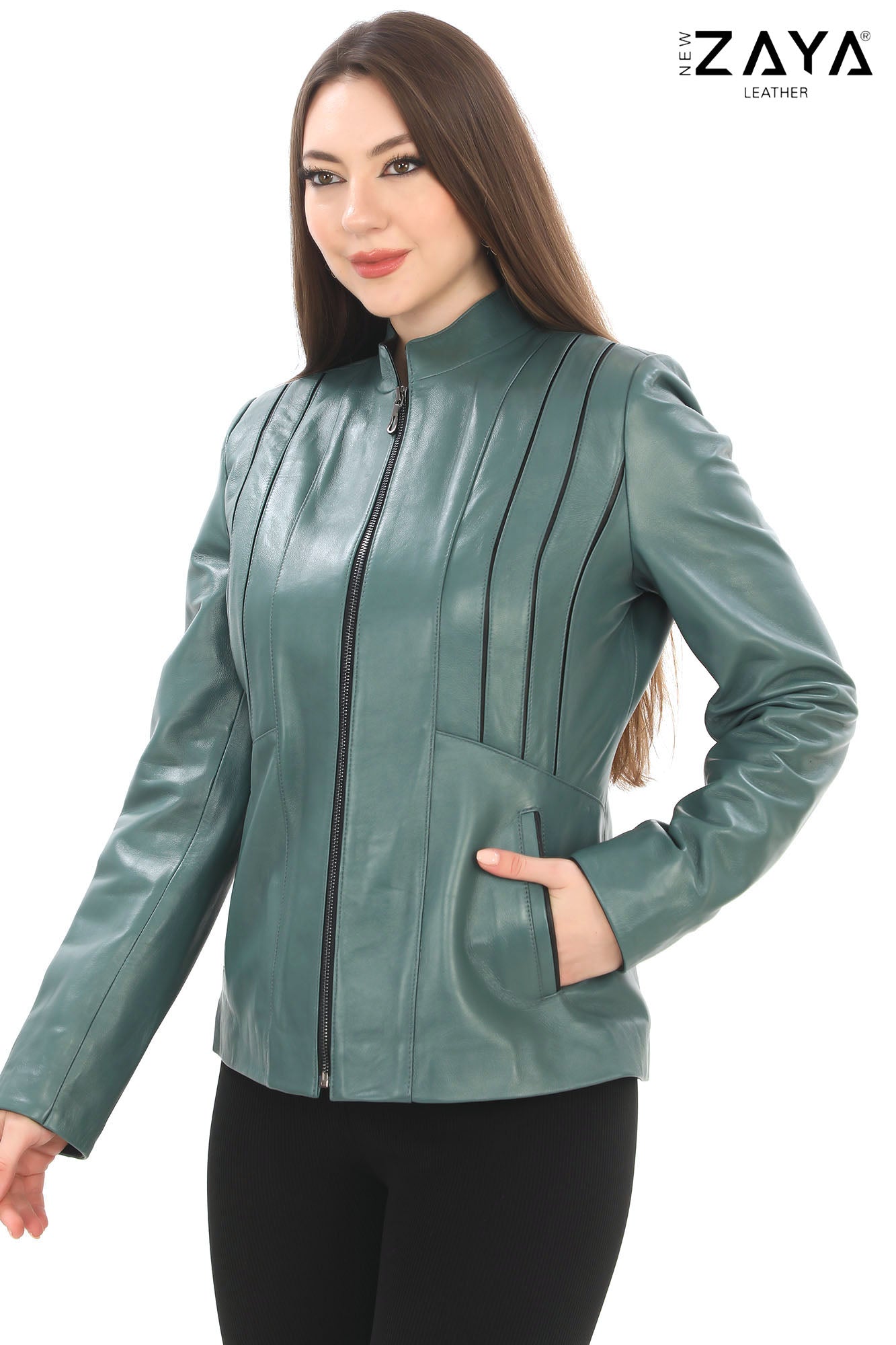SADERNES Turquoise Women’s Genuine Lamb Leather Jacket with Stand Collar
