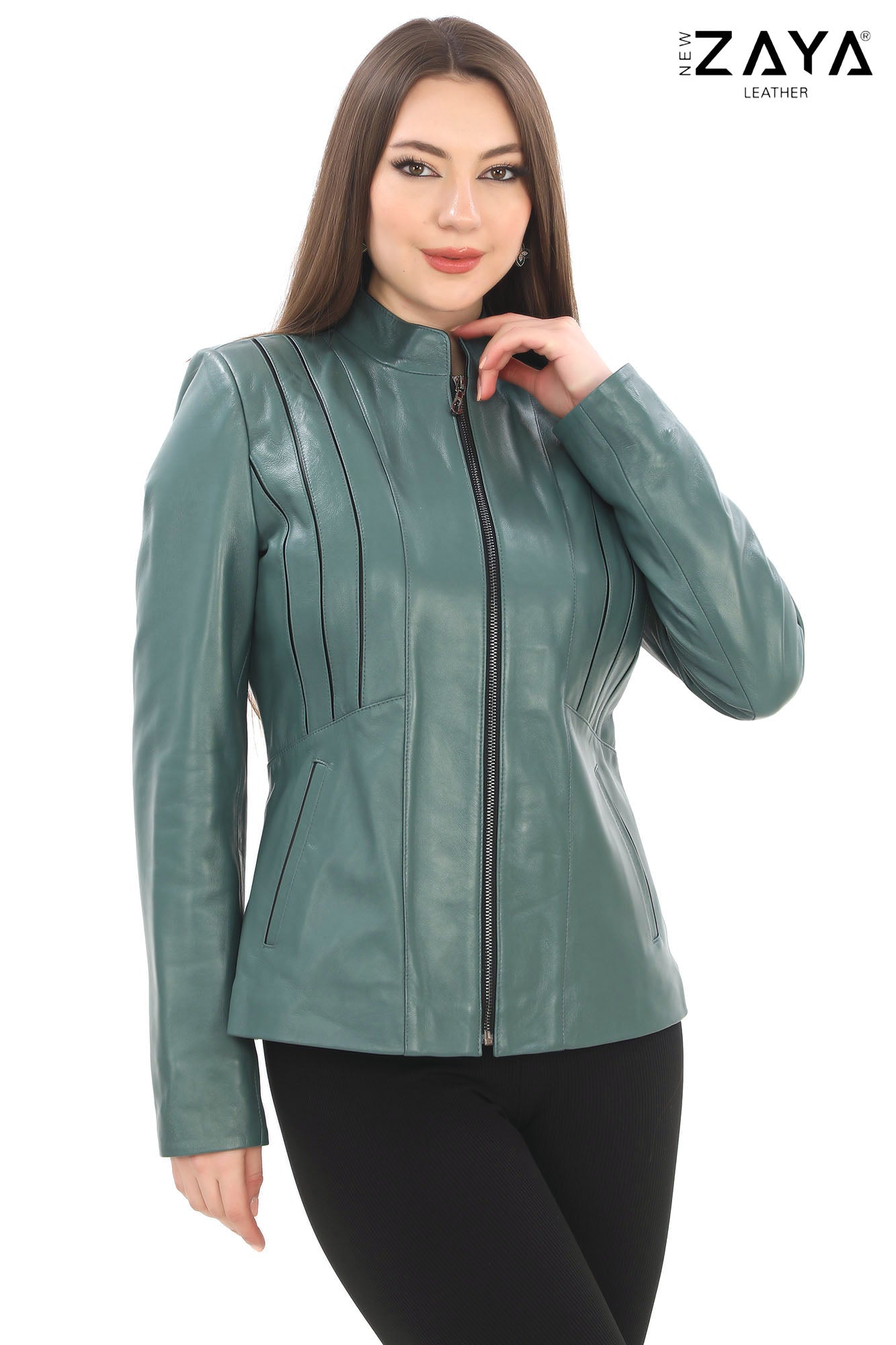 SADERNES Turquoise Women’s Genuine Lamb Leather Jacket with Stand Collar
