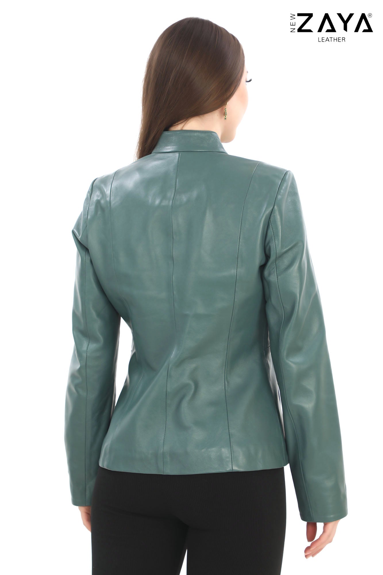 SADERNES Turquoise Women’s Genuine Lamb Leather Jacket with Stand Collar