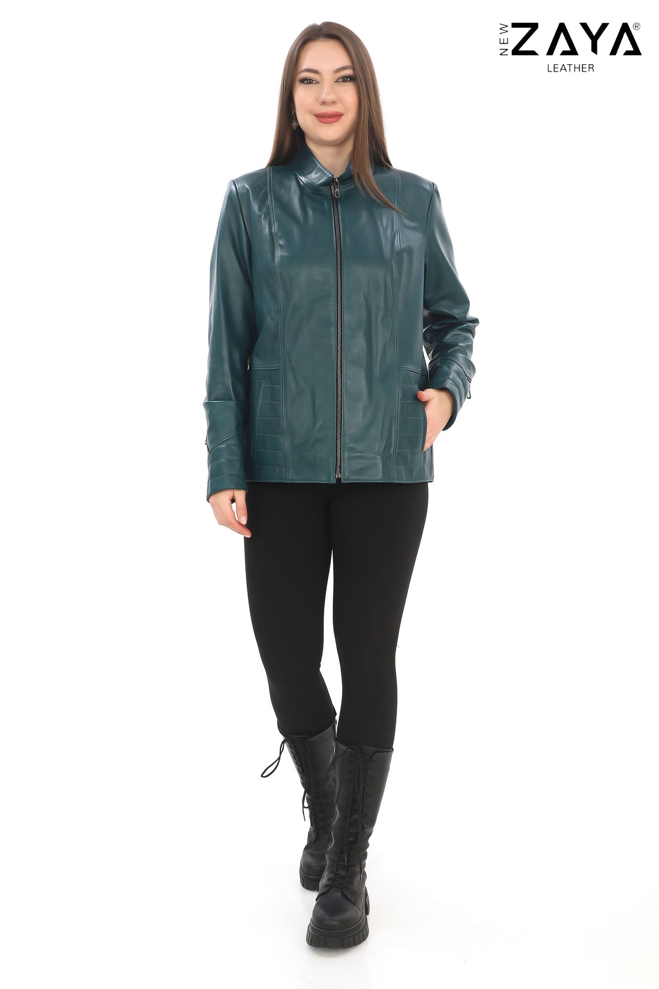 Varelle Noir Women’s Blue Genuine Lamb Leather Jacket with Stand Collar and Zipper Sleeve Details