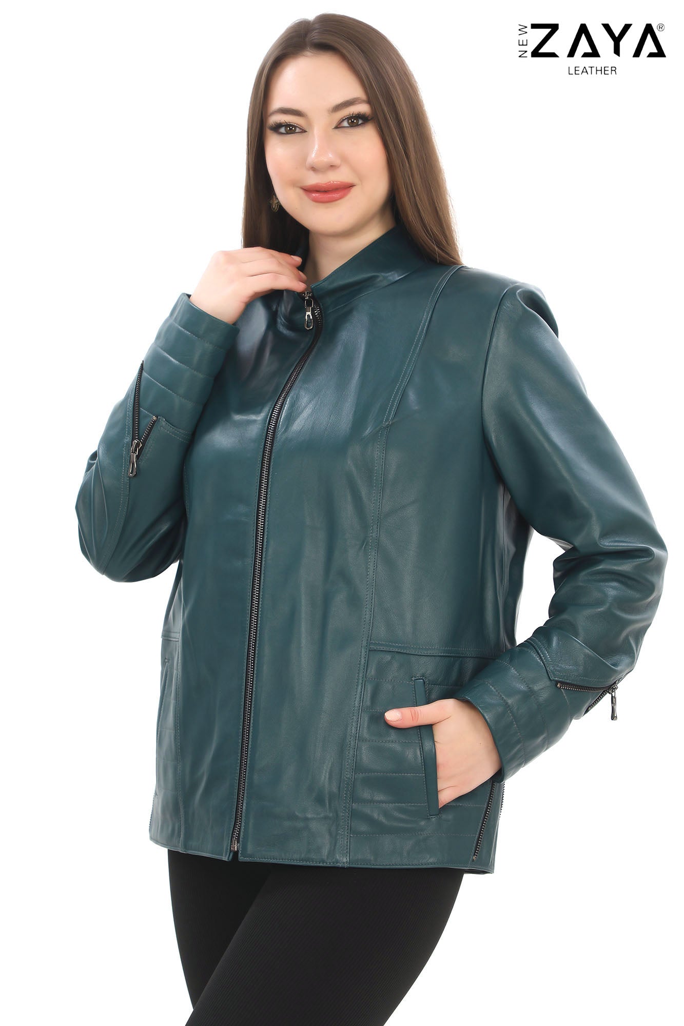 Varelle Noir Women’s Blue Genuine Lamb Leather Jacket with Stand Collar and Zipper Sleeve Details
