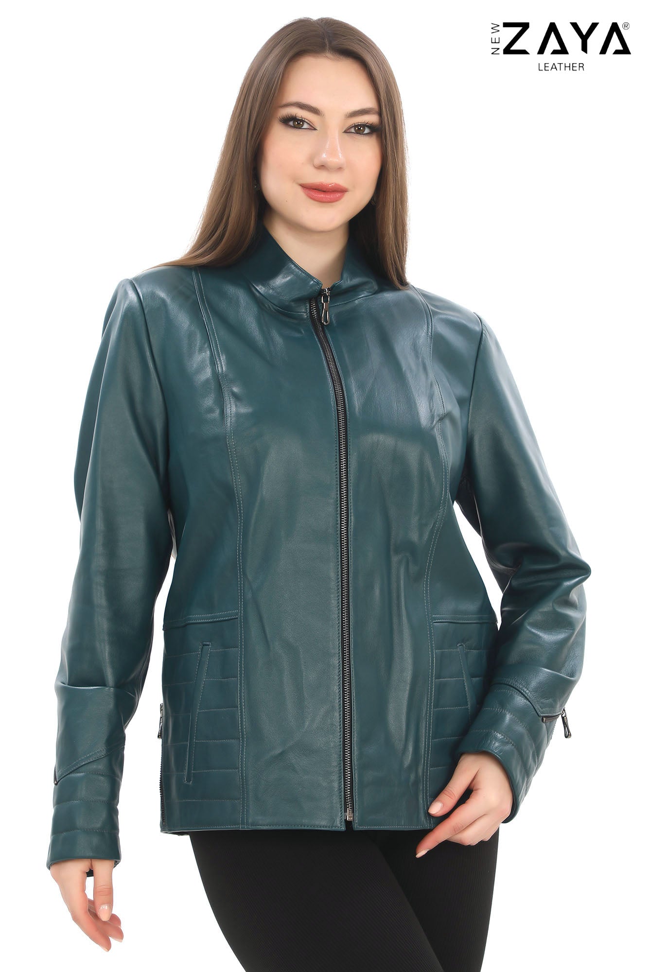 Varelle Noir Women’s Blue Genuine Lamb Leather Jacket with Stand Collar and Zipper Sleeve Details