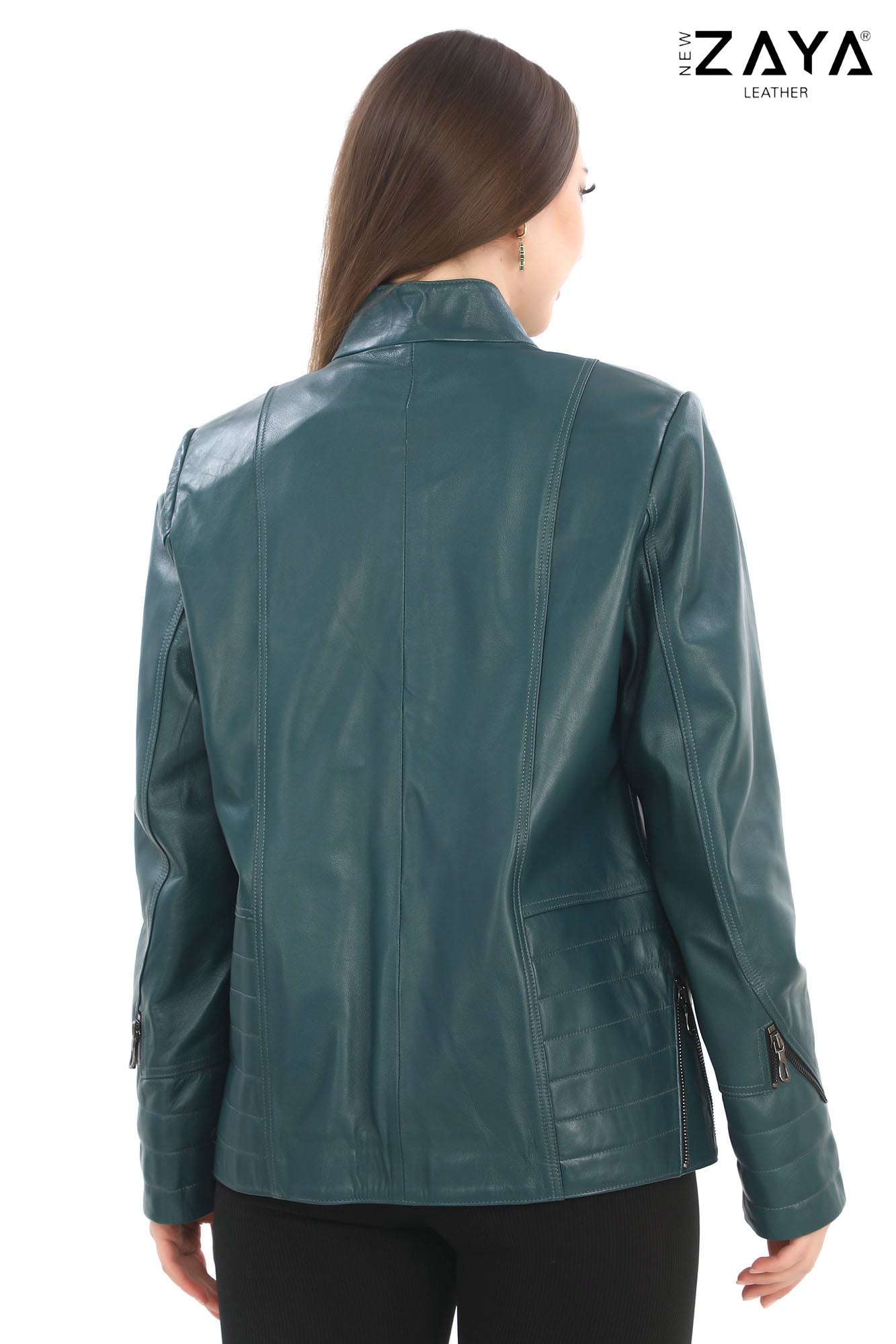 Varelle Noir Women’s Blue Genuine Lamb Leather Jacket with Stand Collar and Zipper Sleeve Details