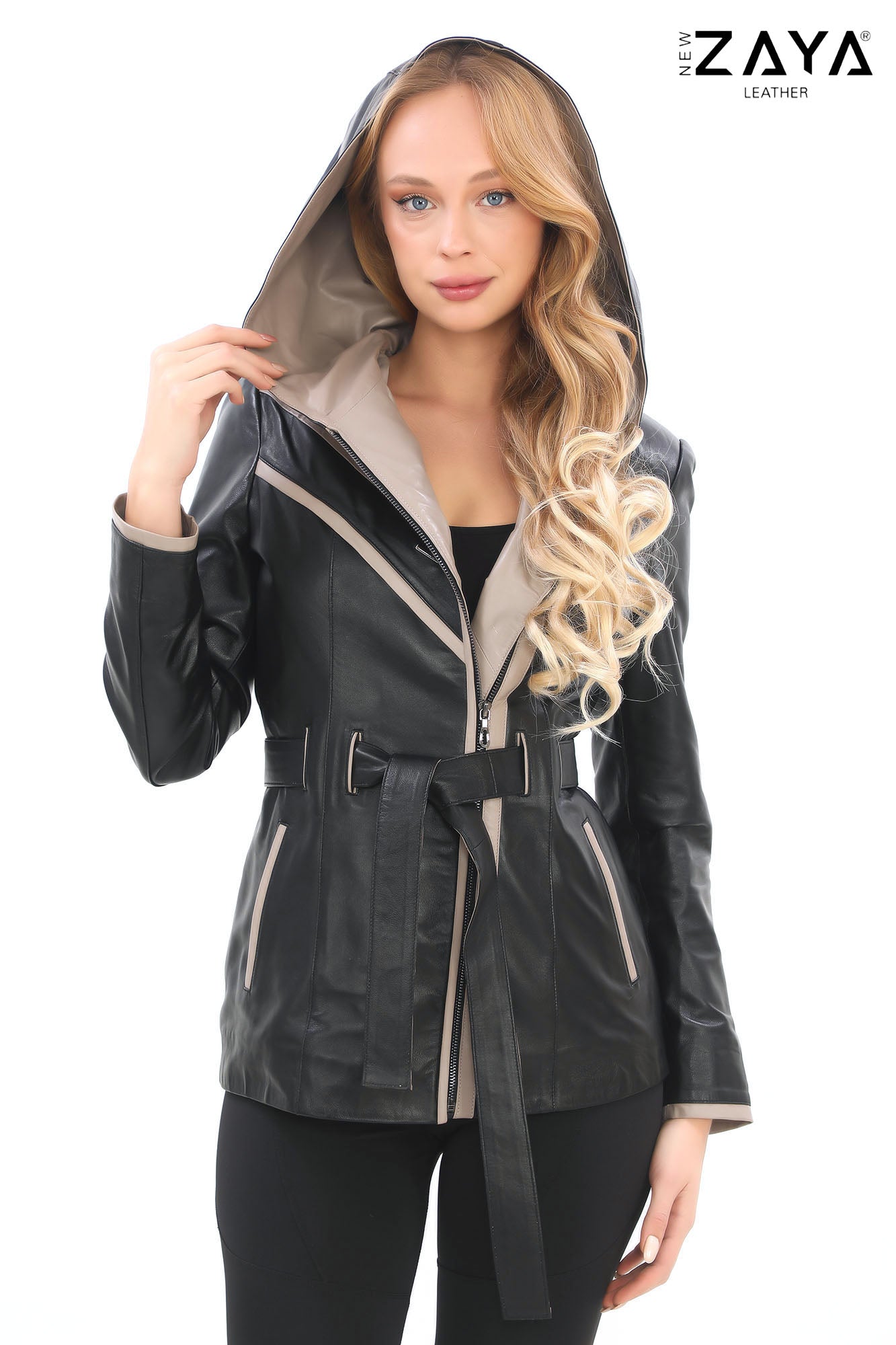 Venza Genuine Lambskin Black Hooded Leather Jacket with Contrast Asymmetric Stripes