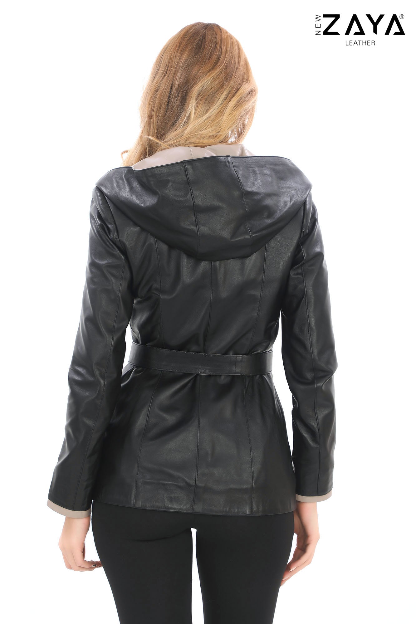 Venza Genuine Lambskin Black Hooded Leather Jacket with Contrast Asymmetric Stripes