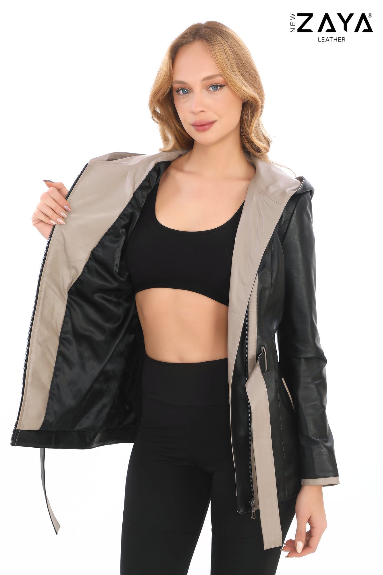 Venza Genuine Lambskin Black Hooded Leather Jacket with Contrast Asymmetric Stripes