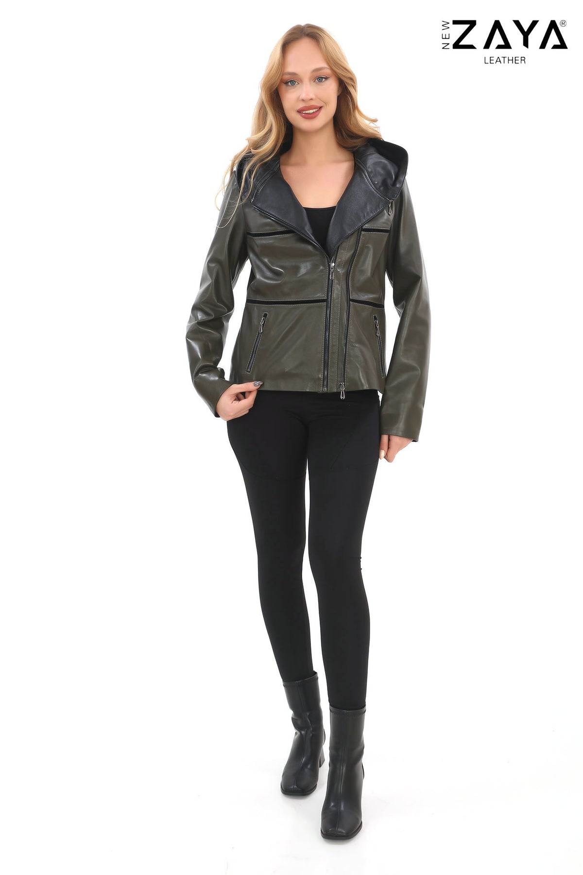 JAEEN Khaki Genuine Lambskin Leather Jacket with Detachable Hood