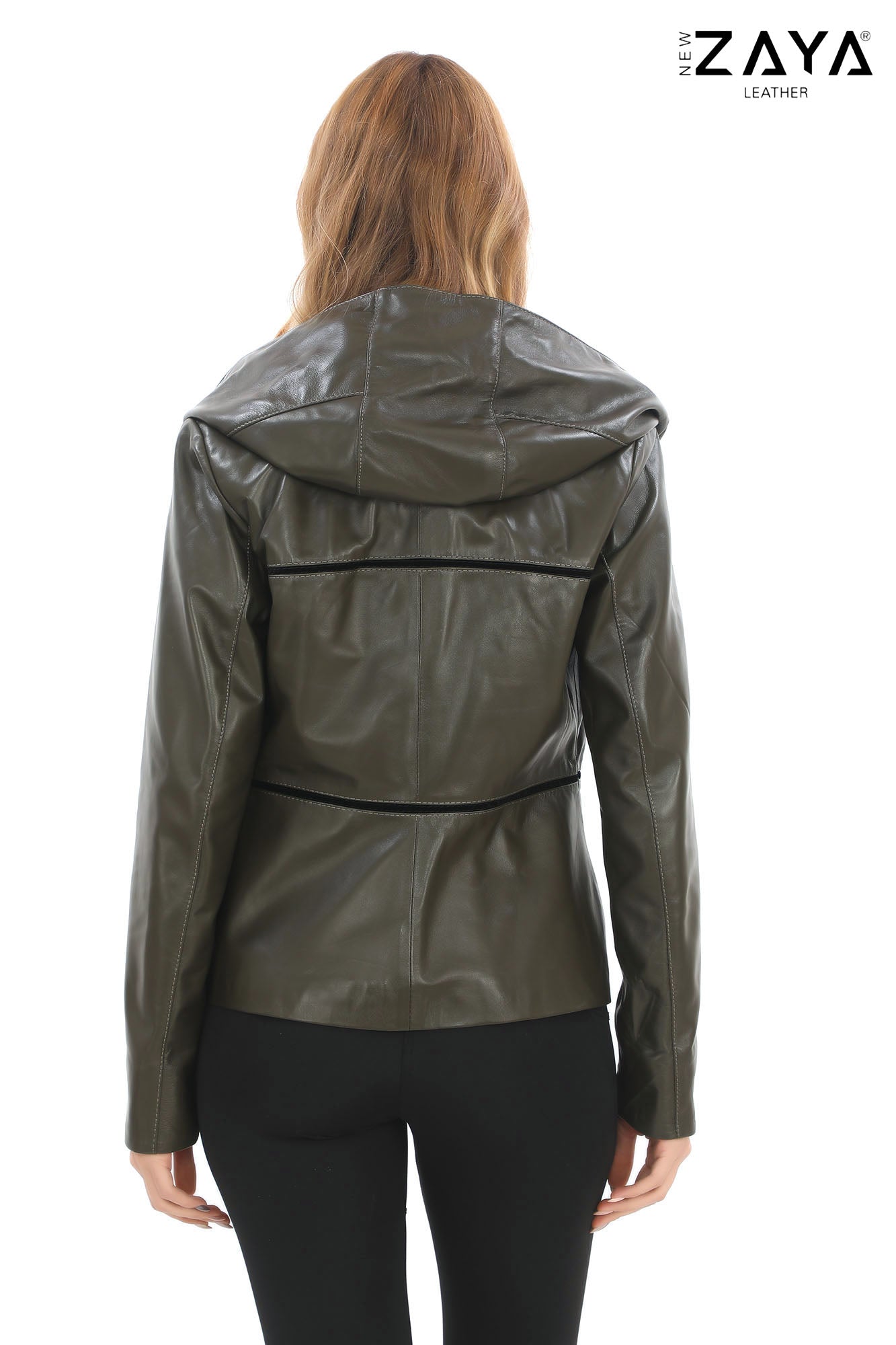JAEEN Khaki Genuine Lambskin Leather Jacket with Detachable Hood