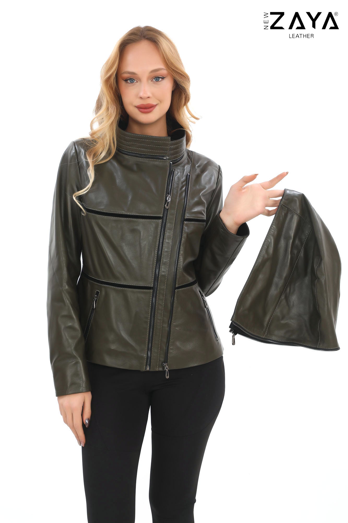 JAEEN Khaki Genuine Lambskin Leather Jacket with Detachable Hood