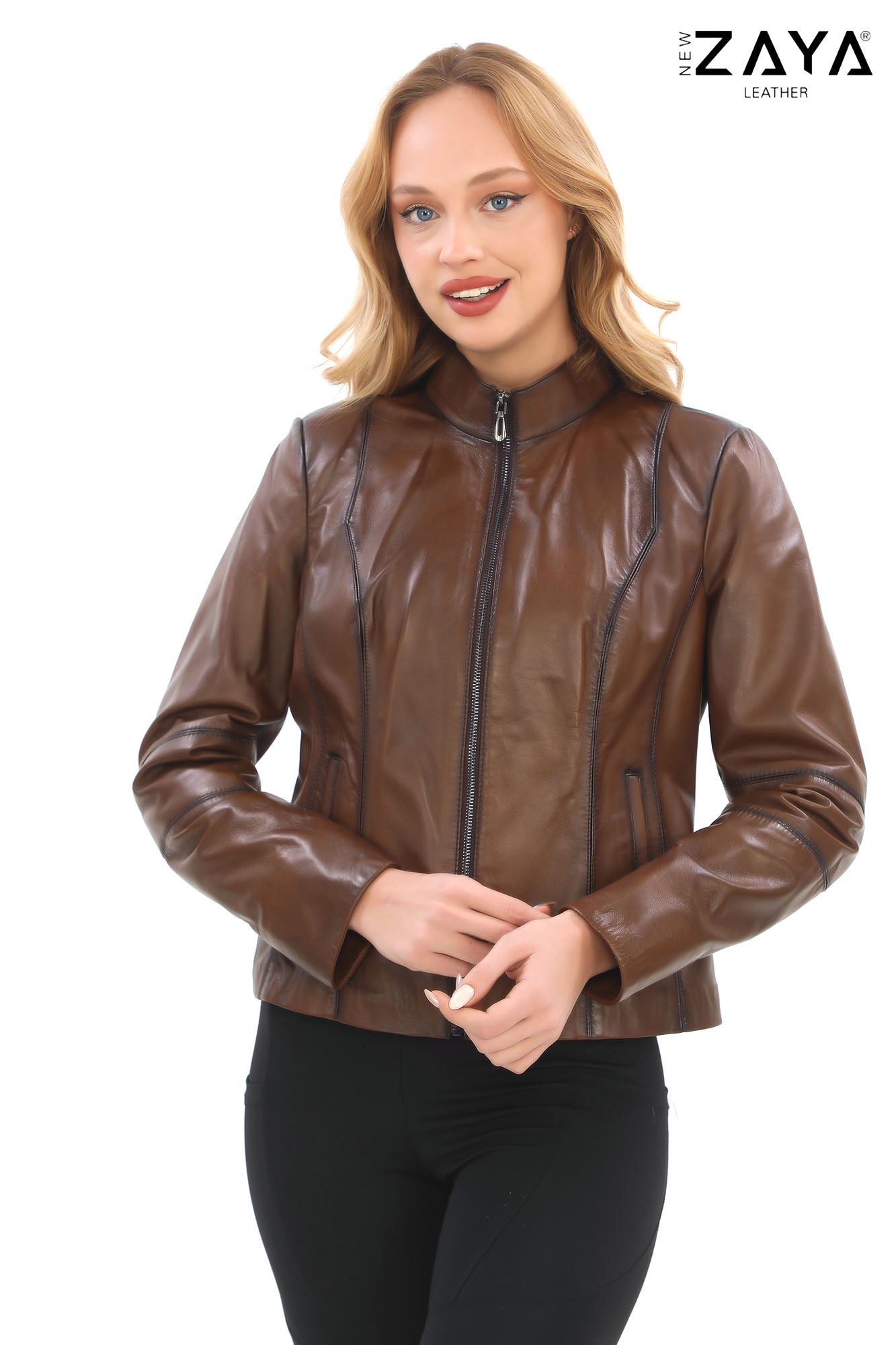 Virella Women’s Brown Genuine Leather Jacket with Stand Collar