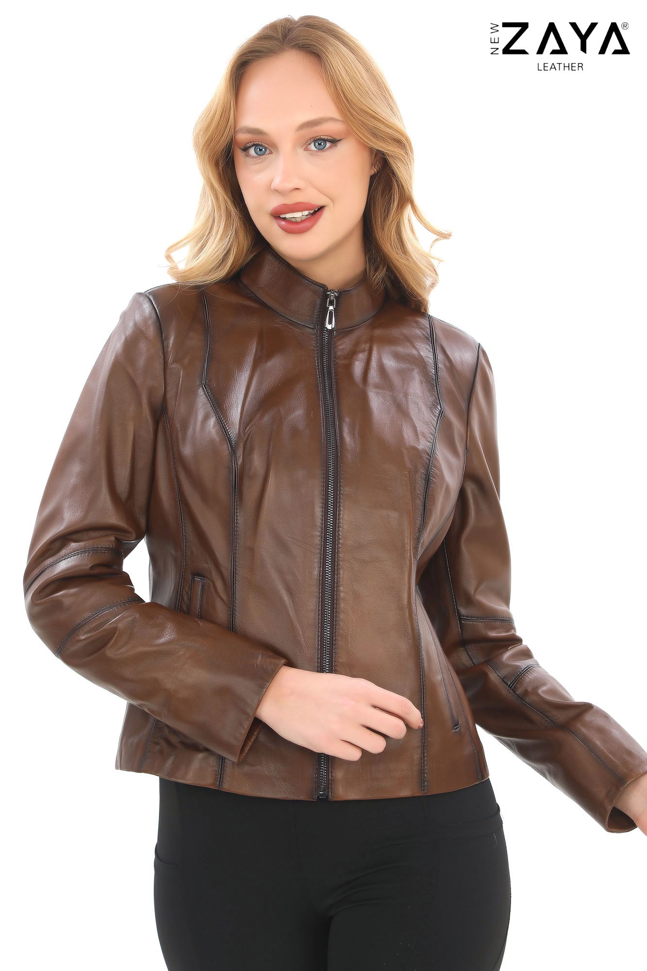 Virella Women’s Brown Genuine Leather Jacket with Stand Collar