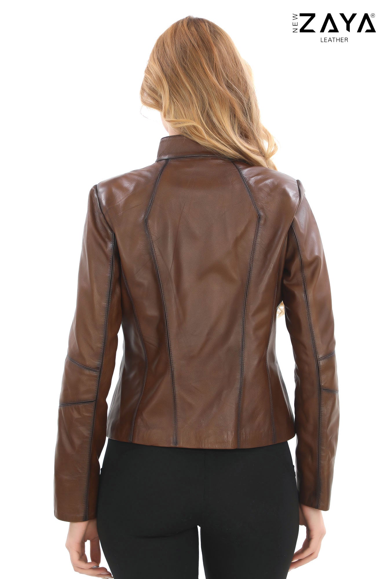 Virella Women’s Brown Genuine Leather Jacket with Stand Collar