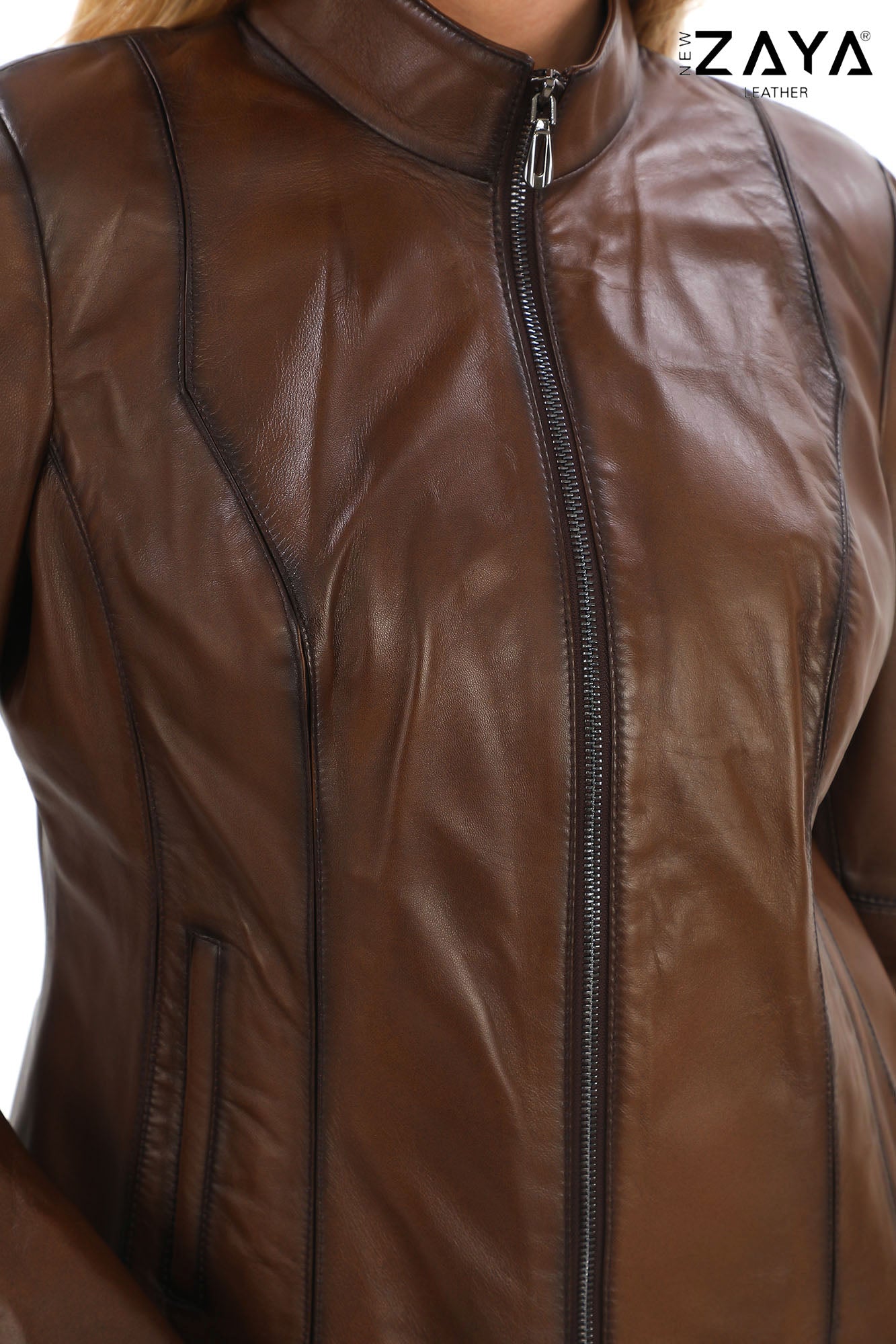 Virella Women’s Brown Genuine Leather Jacket with Stand Collar